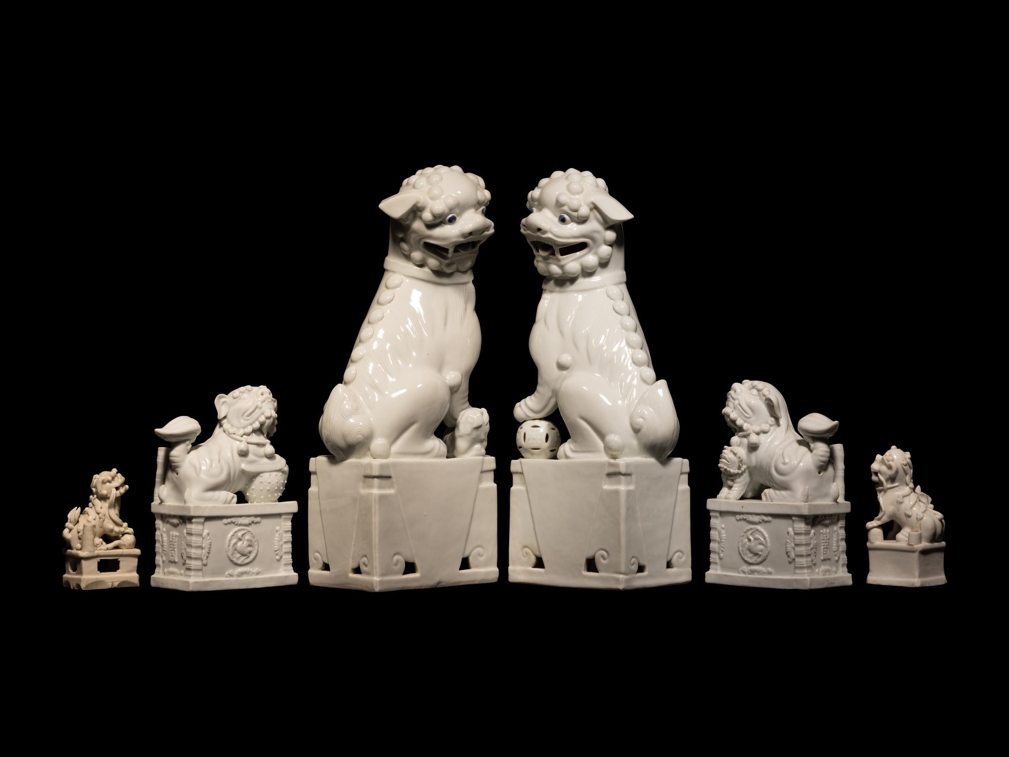 Three Pairs of Chinese Dehua Blanc-de-Chine Porcelain Fu Lions