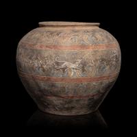 A Chinese Painted Pottery 'Mythical Beast' Jar, Han Dynasty — 漢 灰陶彩繪狩獵圖大罐