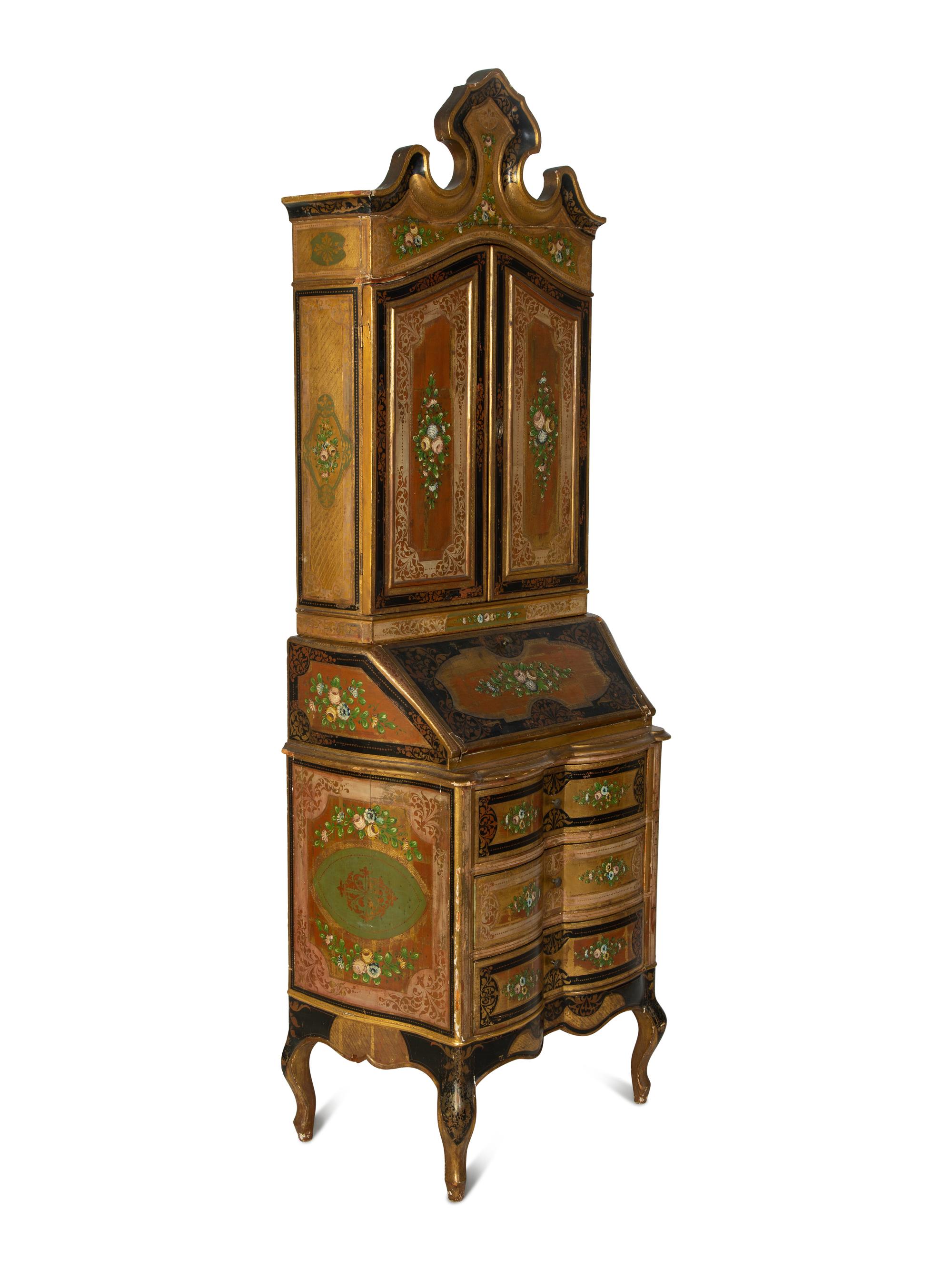 A Venetian Style Polychrome Lacquered Secretary Bookcase — 19TH CENTURY