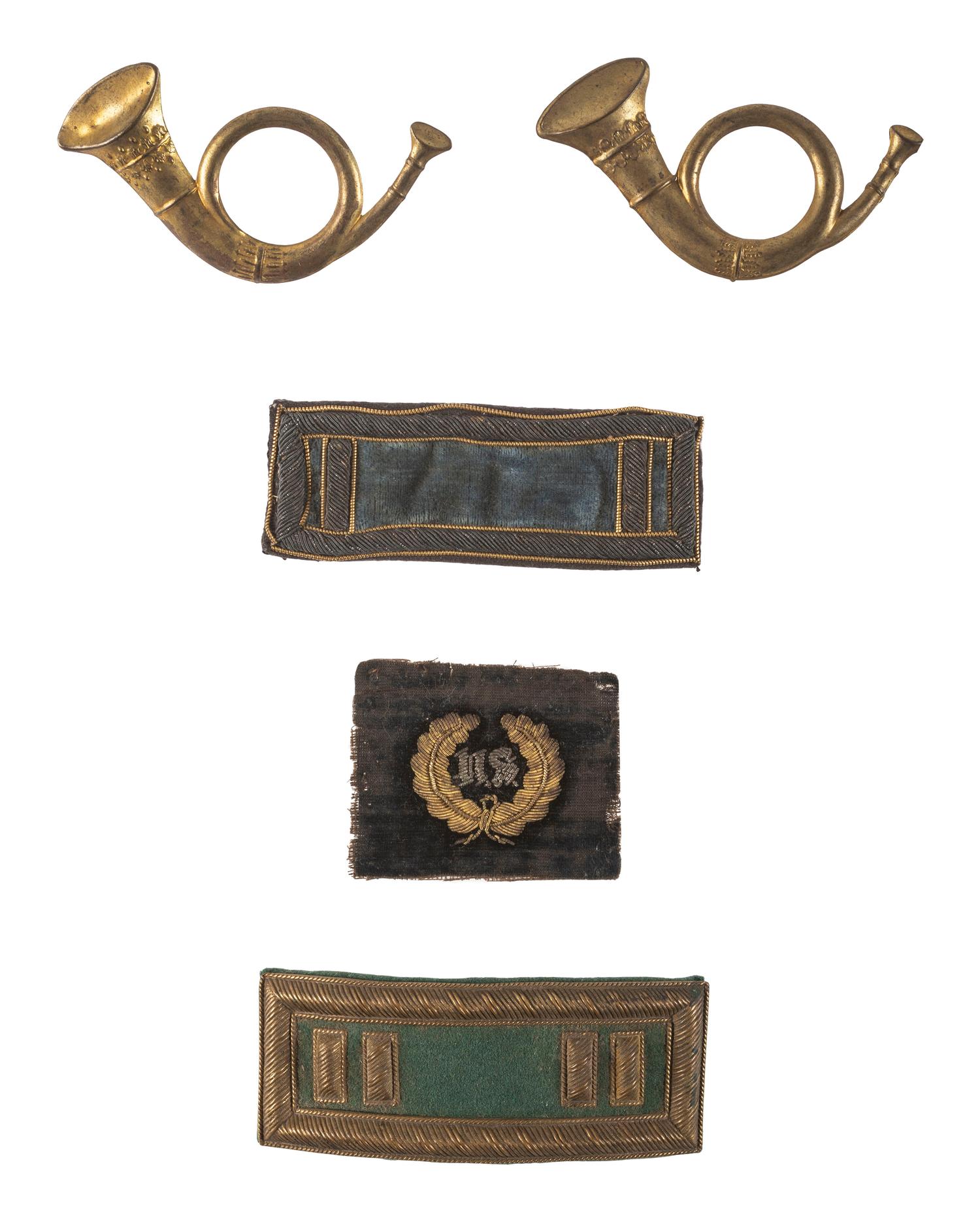 [CIVIL WAR]. Insignia grouping, incl. 2 infantry hunting horn insignia with correct soldered loops, Smith patent strap, officer wreath, and additional strap.