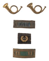 [CIVIL WAR]. Insignia grouping, incl. 2 infantry hunting horn insignia with correct soldered loops, Smith patent strap, officer wreath, and additional strap.