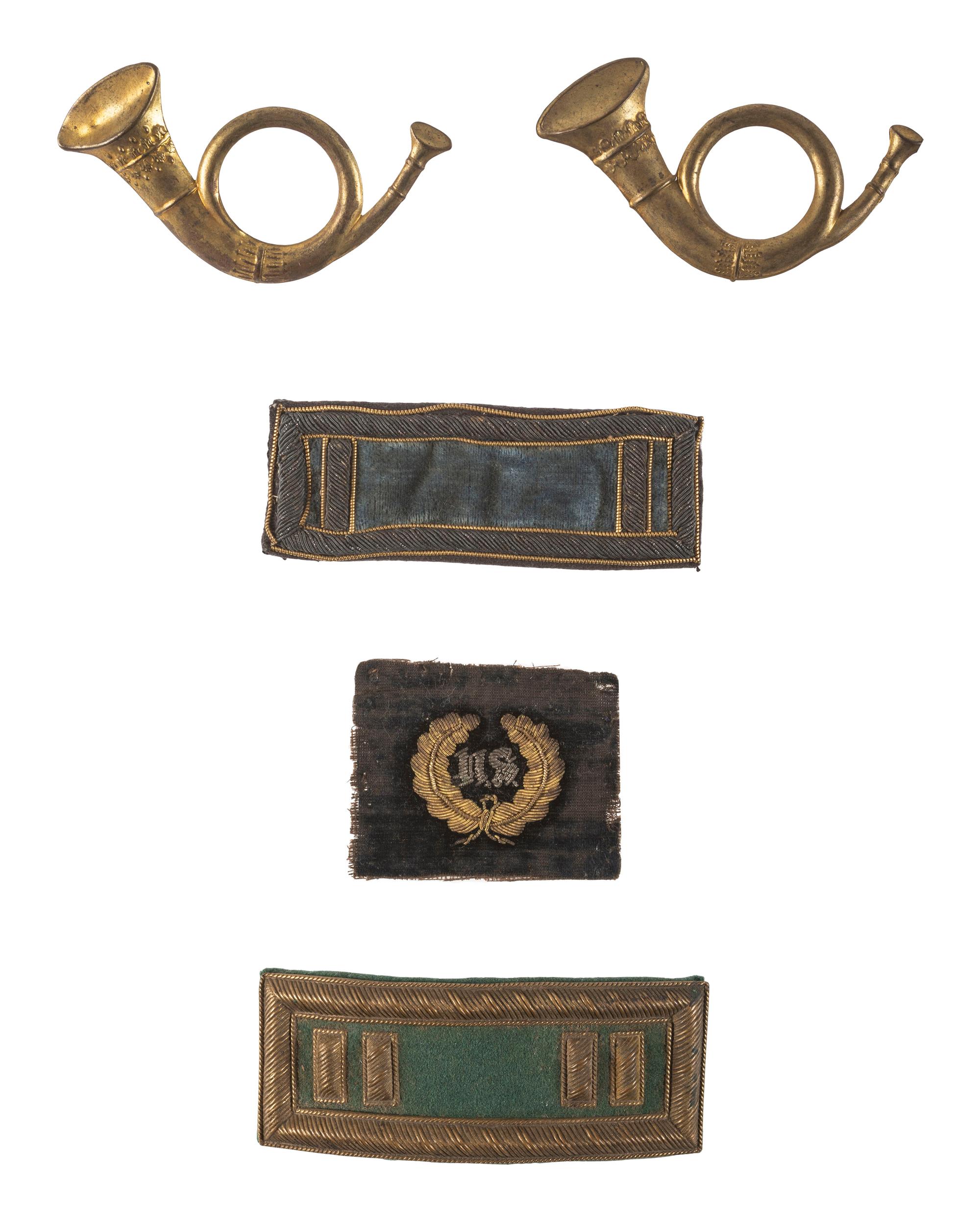 [CIVIL WAR]. Insignia grouping, incl. 2 infantry hunting horn insignia with correct soldered loops, Smith patent strap, officer wreath, and additional strap.