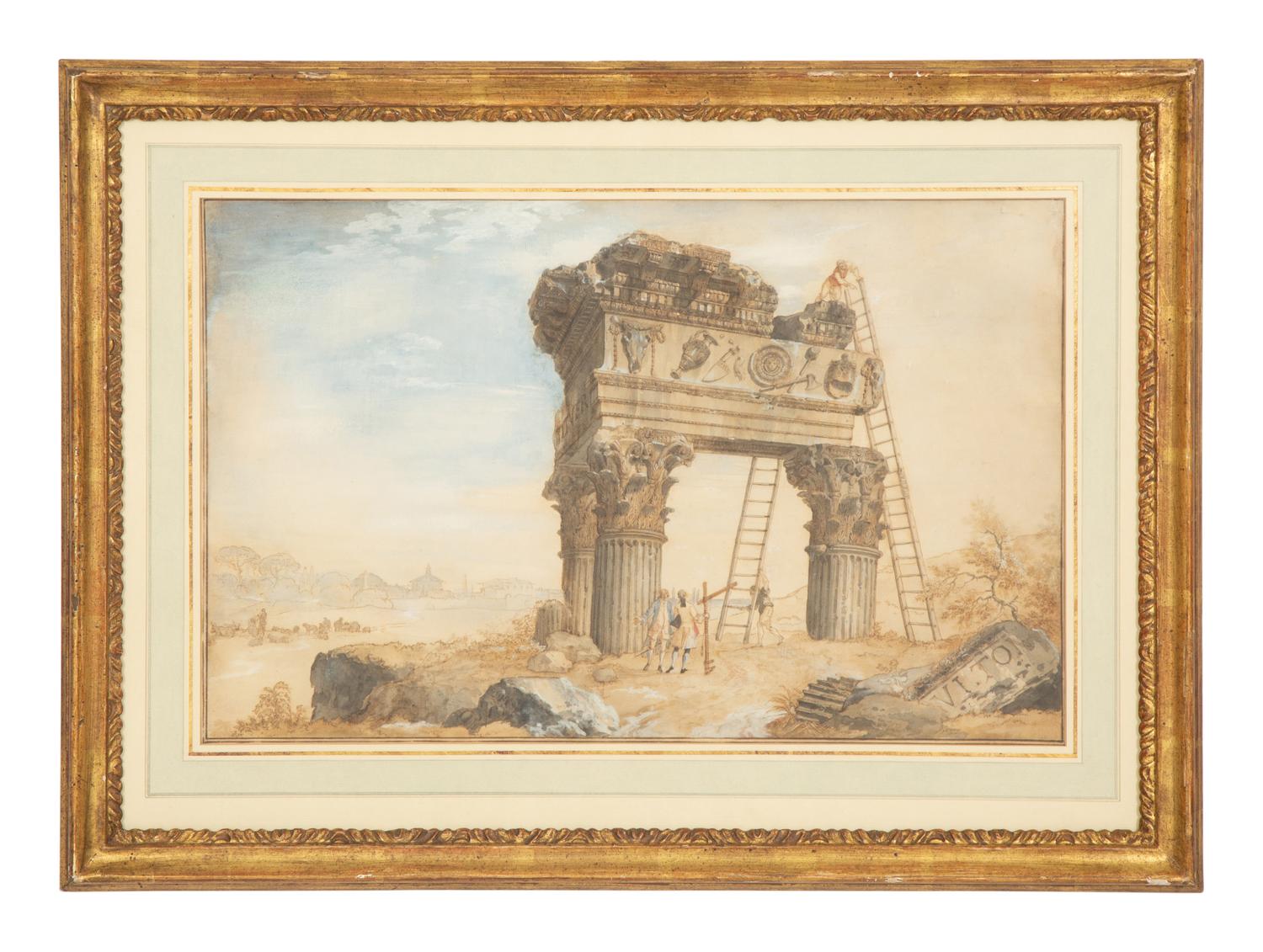 Architects Measuring the Temple of Jupiter Tonans and Revelers Near the Temple of Antonino and Faustina (two works)