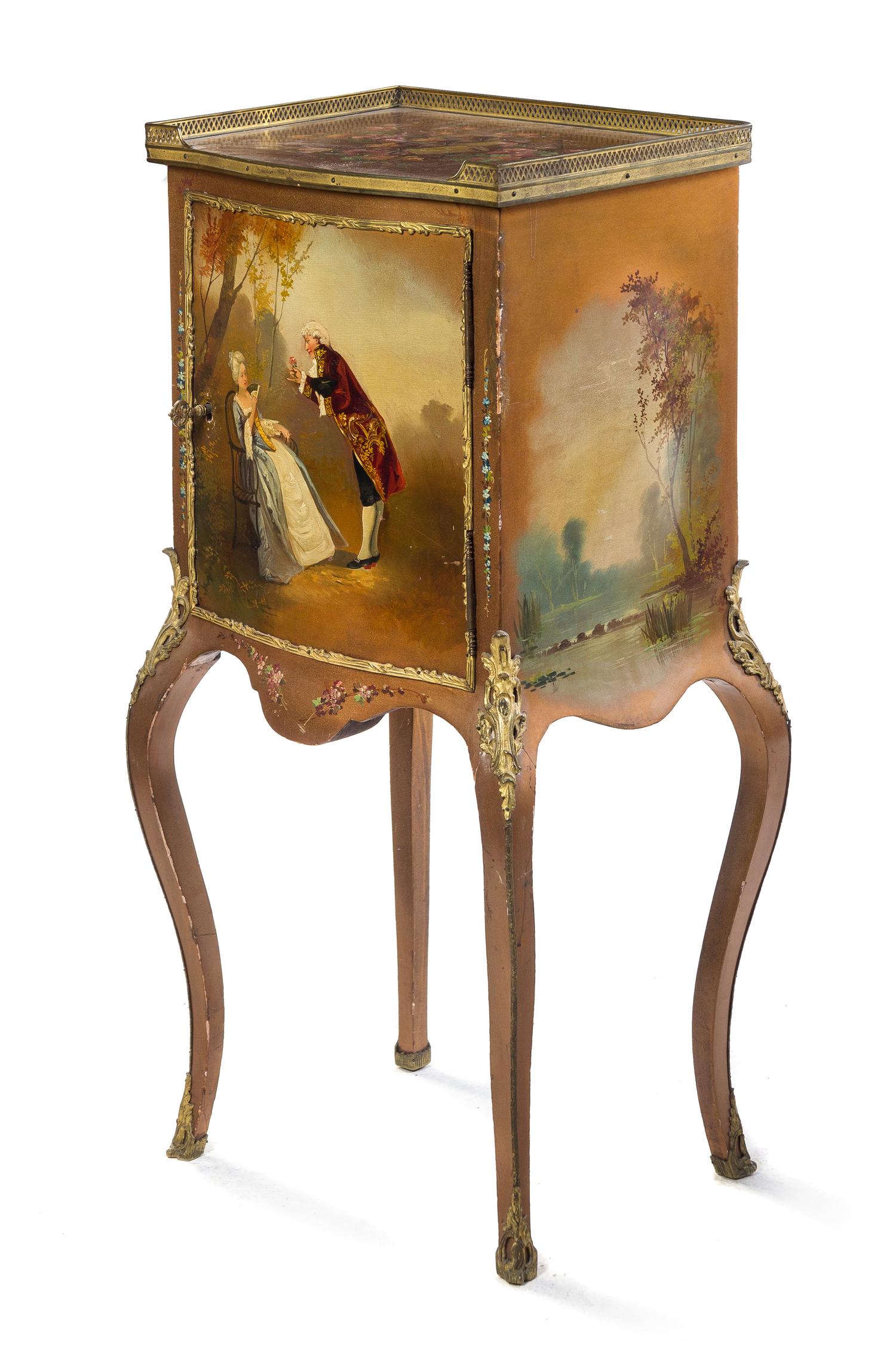 A Louis XV Style Painted Side Cabinet Height 39 x width 18 x depth 14 1/2 inches.