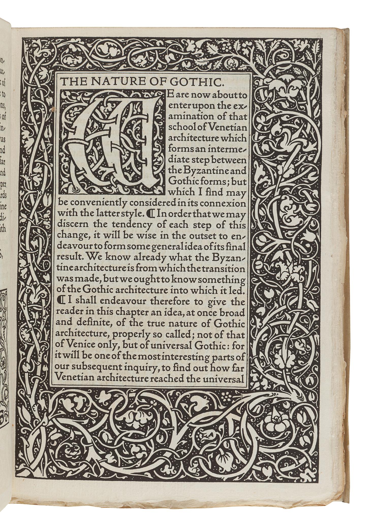 [KELMSCOTT PRESS]. RUSKIN, John (1819-1900). The Nature of Gothic: A Chapter of the Stones of Venice. Hammersmith: The Kelmscott Press for George Allen, 1892.