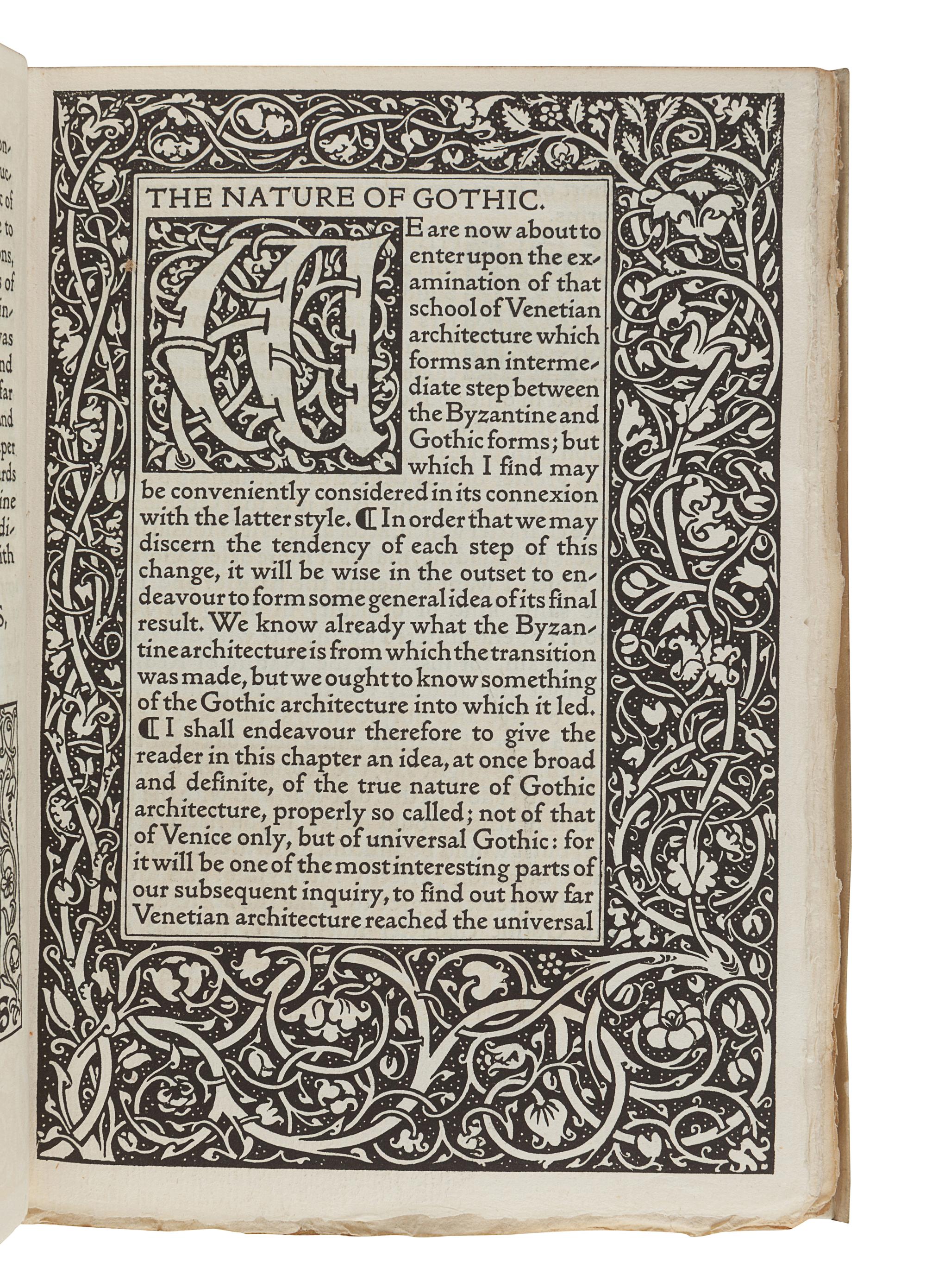 [KELMSCOTT PRESS]. RUSKIN, John (1819-1900). The Nature of Gothic: A Chapter of the Stones of Venice. Hammersmith: The Kelmscott Press for George Allen, 1892.