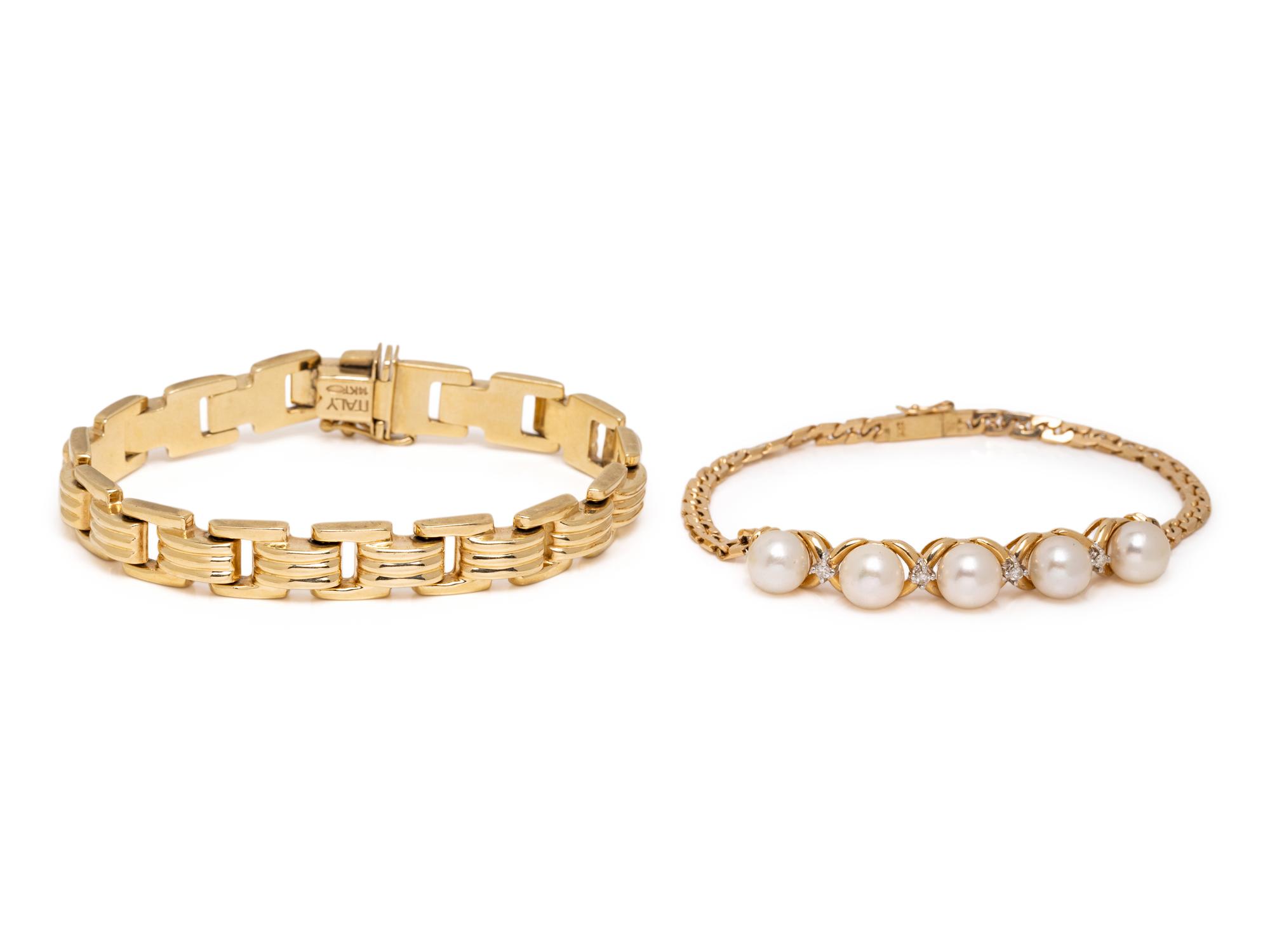 CULTURED PEARL AND DIAMOND BRACELET AND YELLOW GOLD BRACELET
