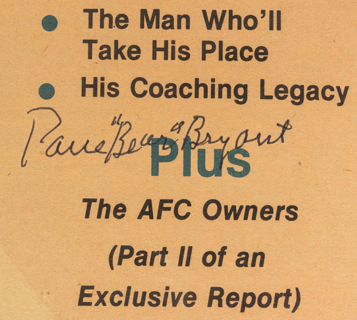 A Group of University of Alabama Football Signed Autographs Including Paul Bear Bryant (Beckett Authentication Services BAS Certified),
