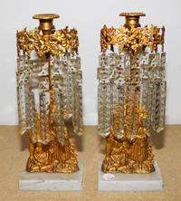 A Pair of Victorian Brass and Cut Glass Candlesticks Height 14 1/8 inches.