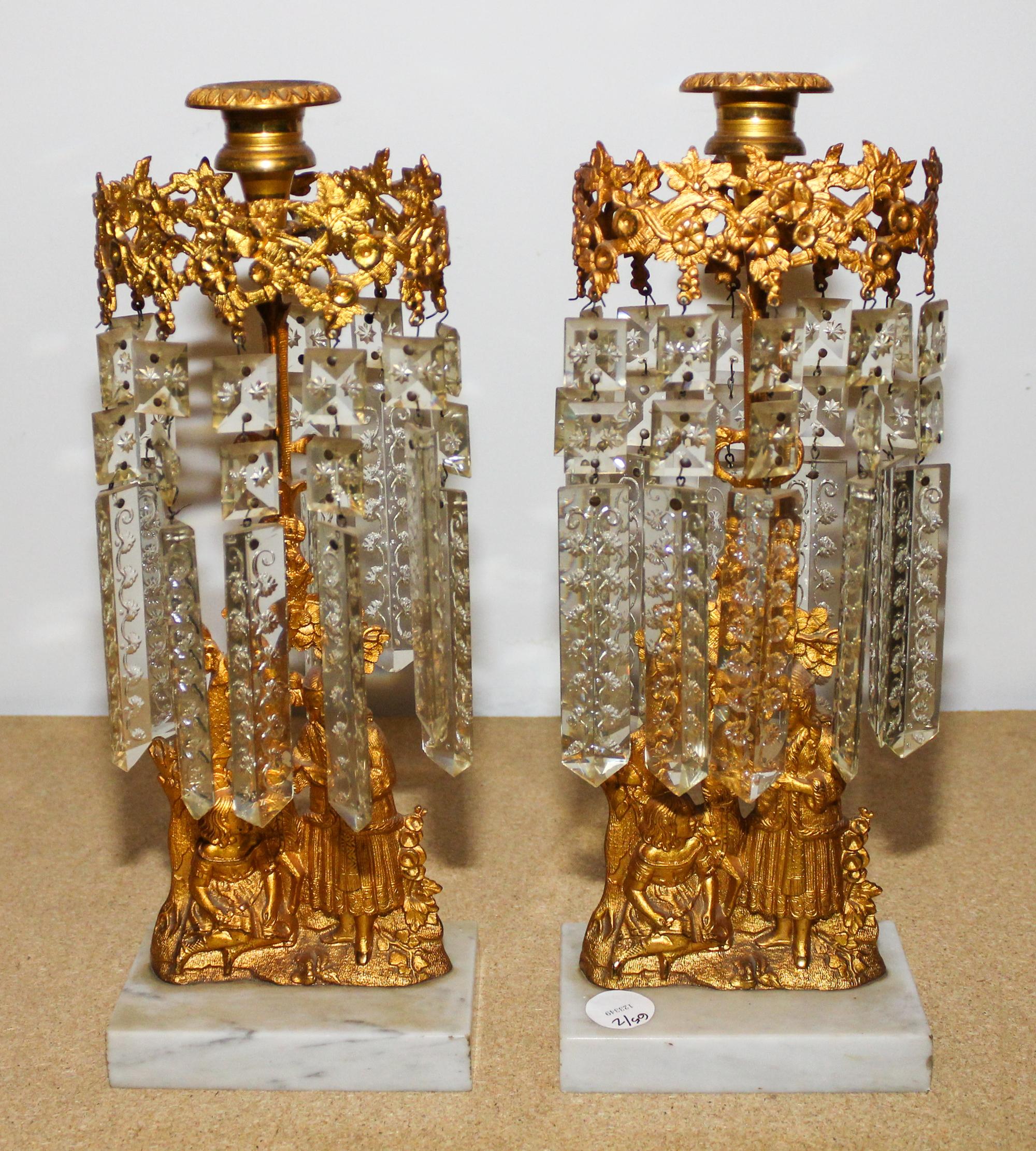 A Pair of Victorian Brass and Cut Glass Candlesticks Height 14 1/8 inches.