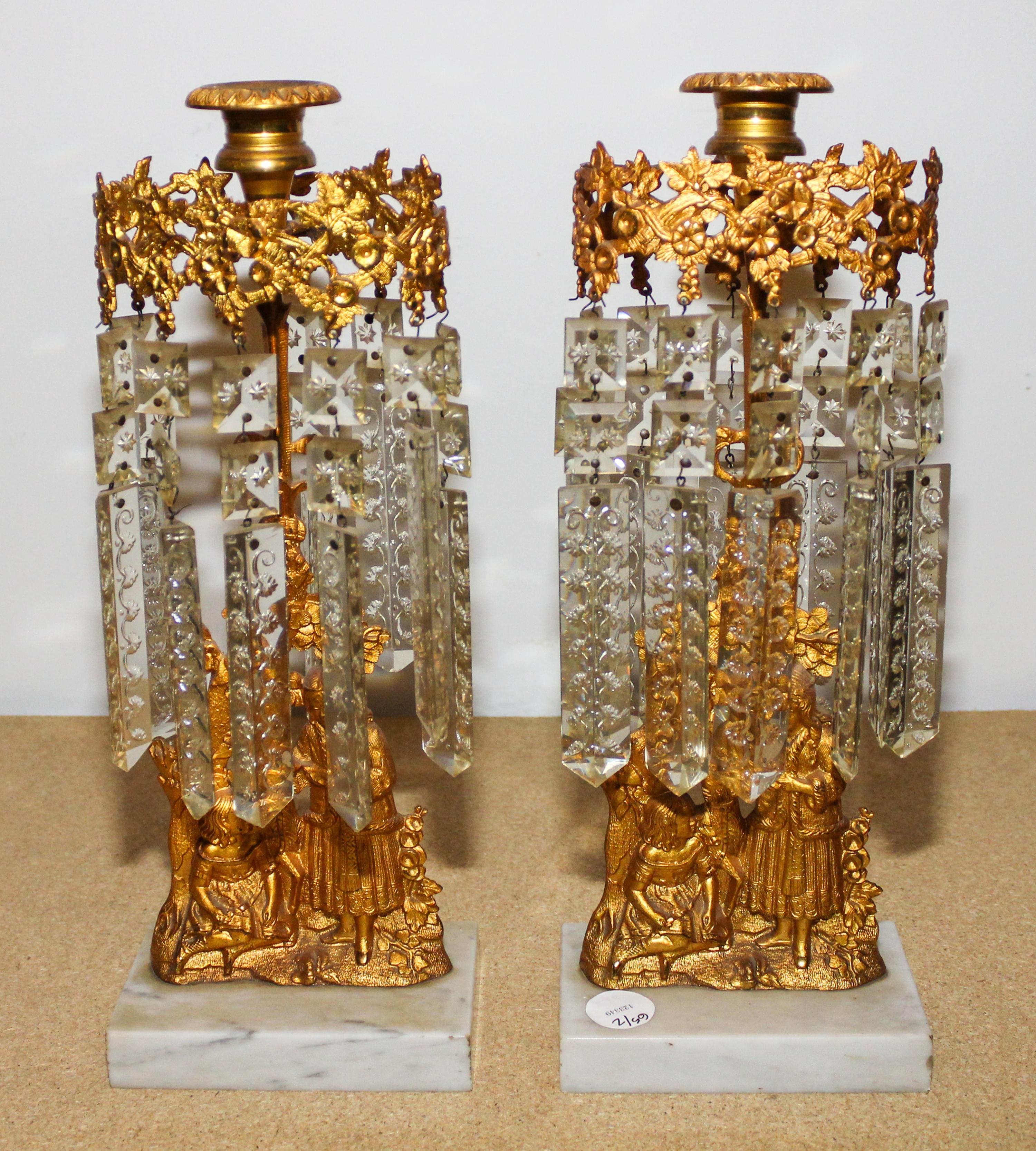 A Pair of Victorian Brass and Cut Glass Candlesticks Height 14 1/8 inches.