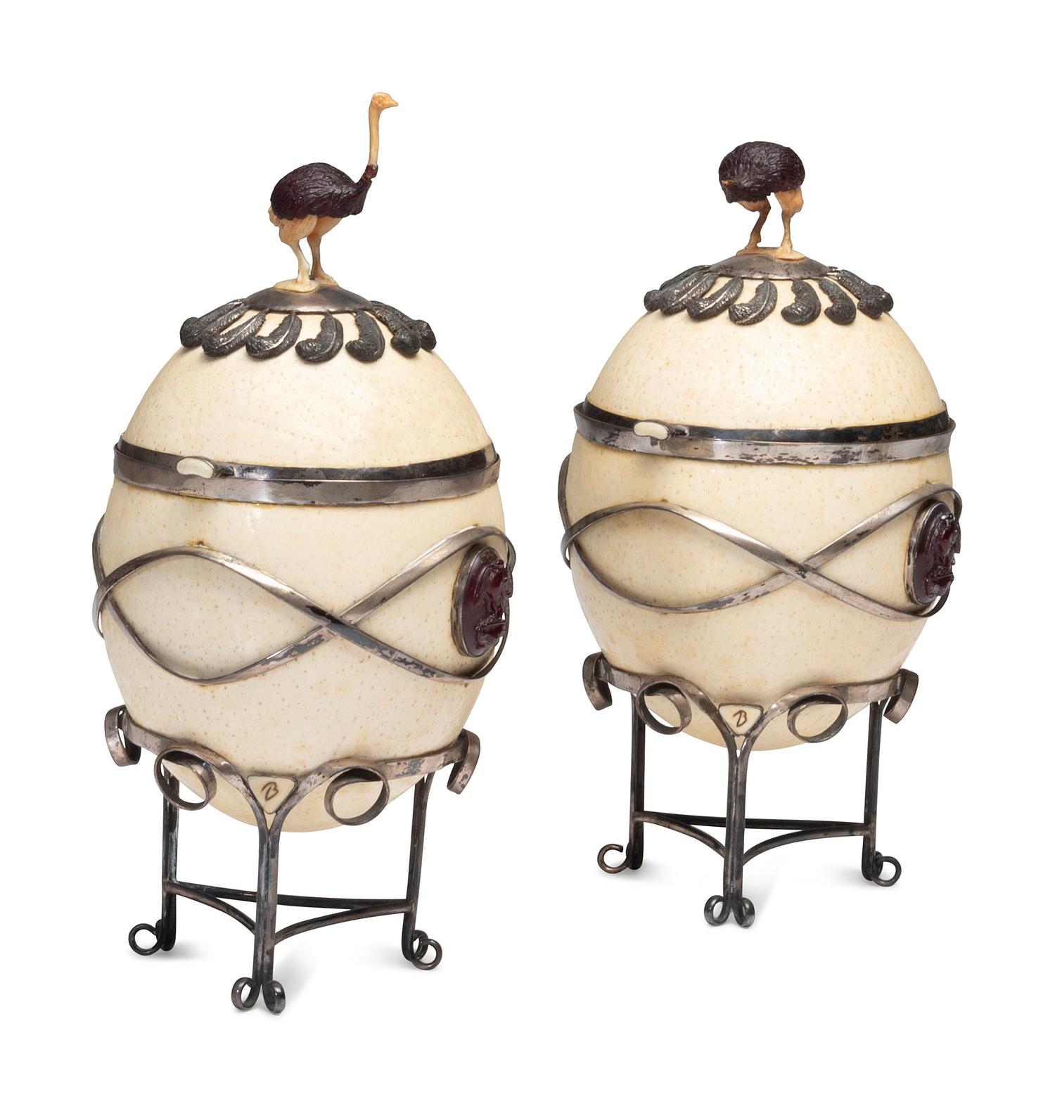 Two Silver-Mounted Ostrich Eggs