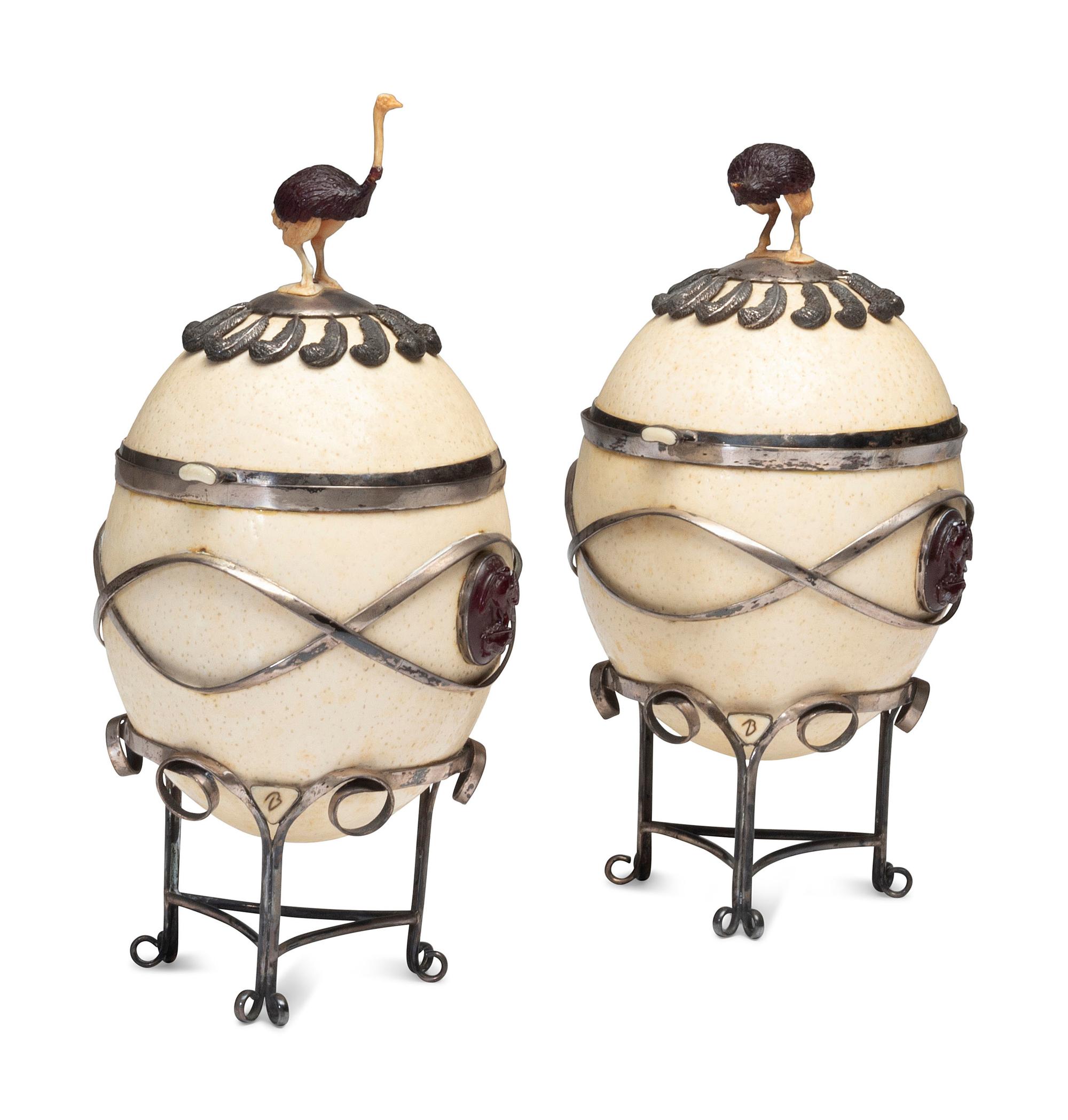 Two Silver-Mounted Ostrich Eggs