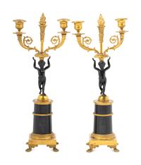 A Pair of Empire Style Parcel Gilt Metal Two-Light Candelabra