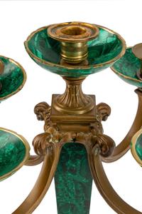 A Pair of Neoclassical Style Gilt-Bronze and Malachite Five-Light Candelabra