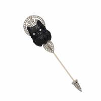 FRENCH, ART DECO, ONYX AND DIAMOND CAT STICK PIN