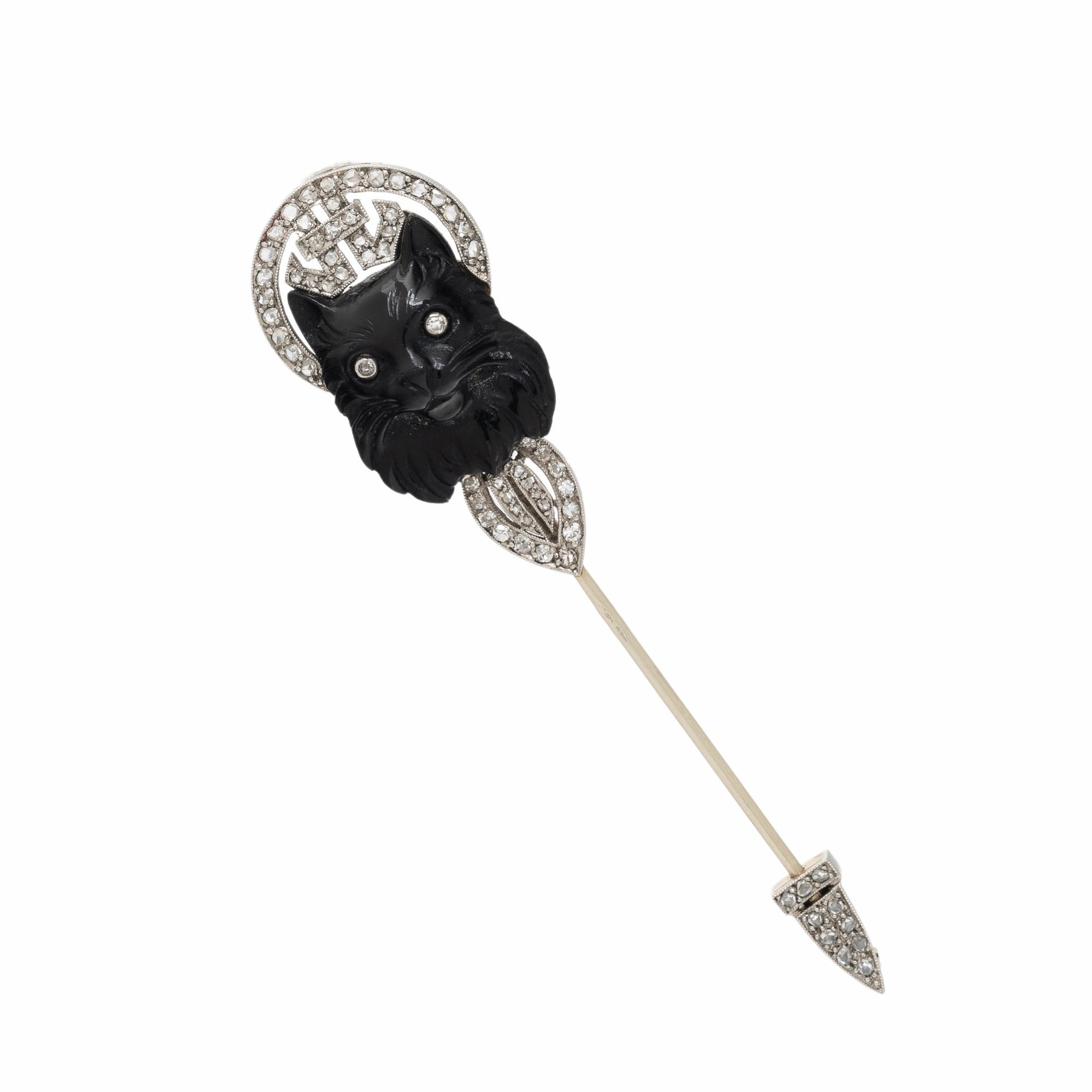 FRENCH, ART DECO, ONYX AND DIAMOND CAT STICK PIN