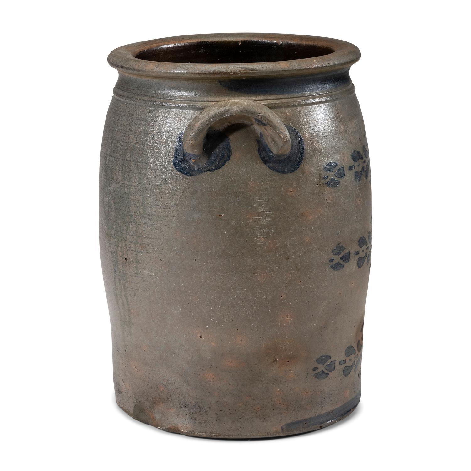 A Four-Gallon Cobalt and Stencil Decorated Stoneware Crock