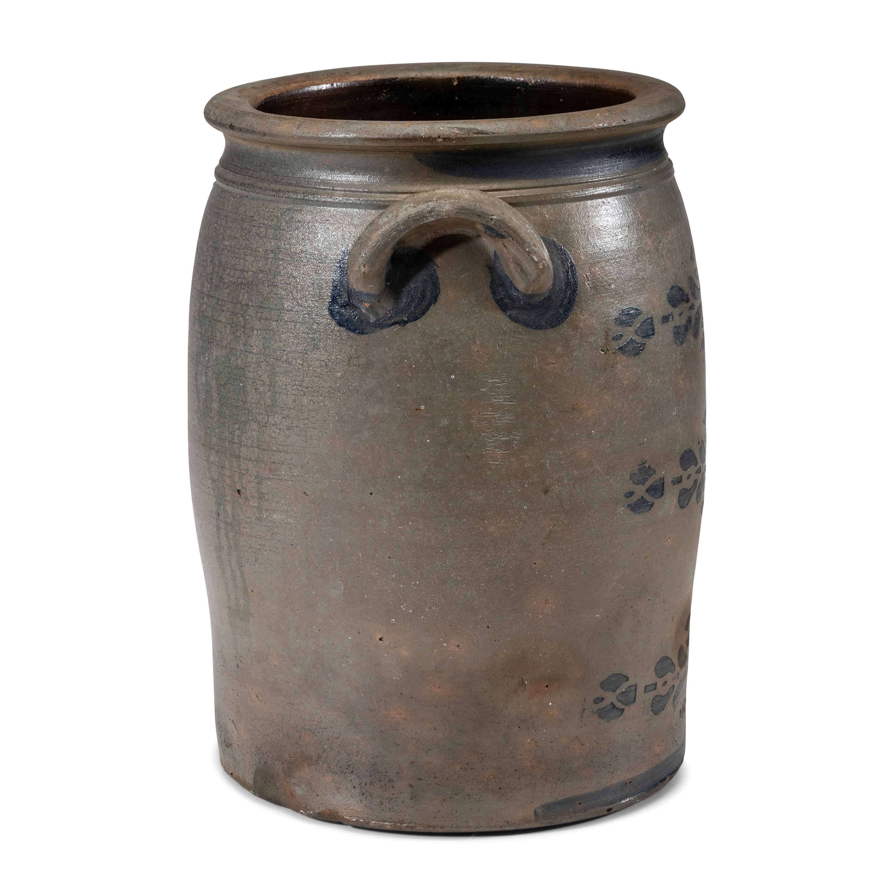 A Four-Gallon Cobalt and Stencil Decorated Stoneware Crock