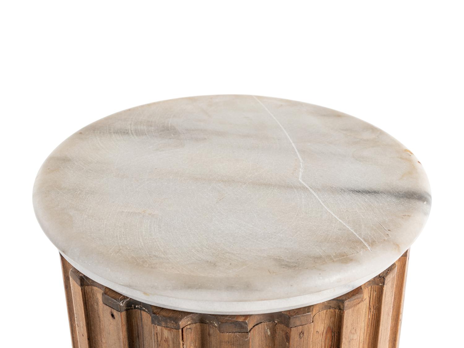A Pair of Carved Pine Pedestals with Marble Tops