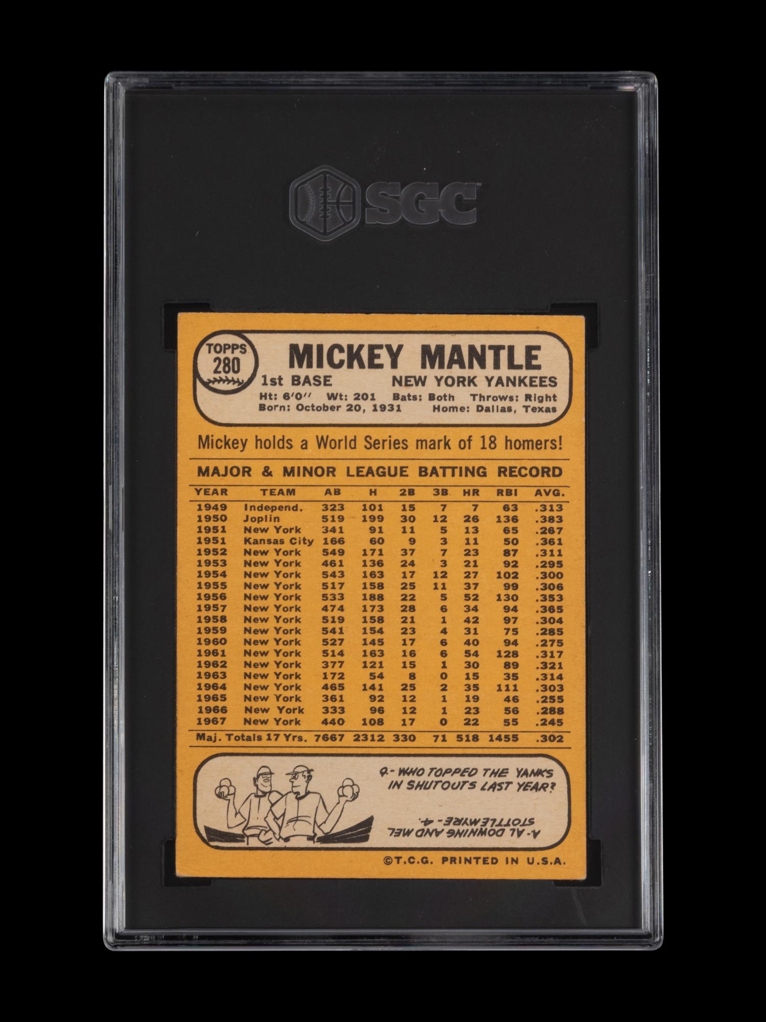 A 1968 Topps Mickey Mantle Baseball Card No. 280 (SGC 4 VG-EX)