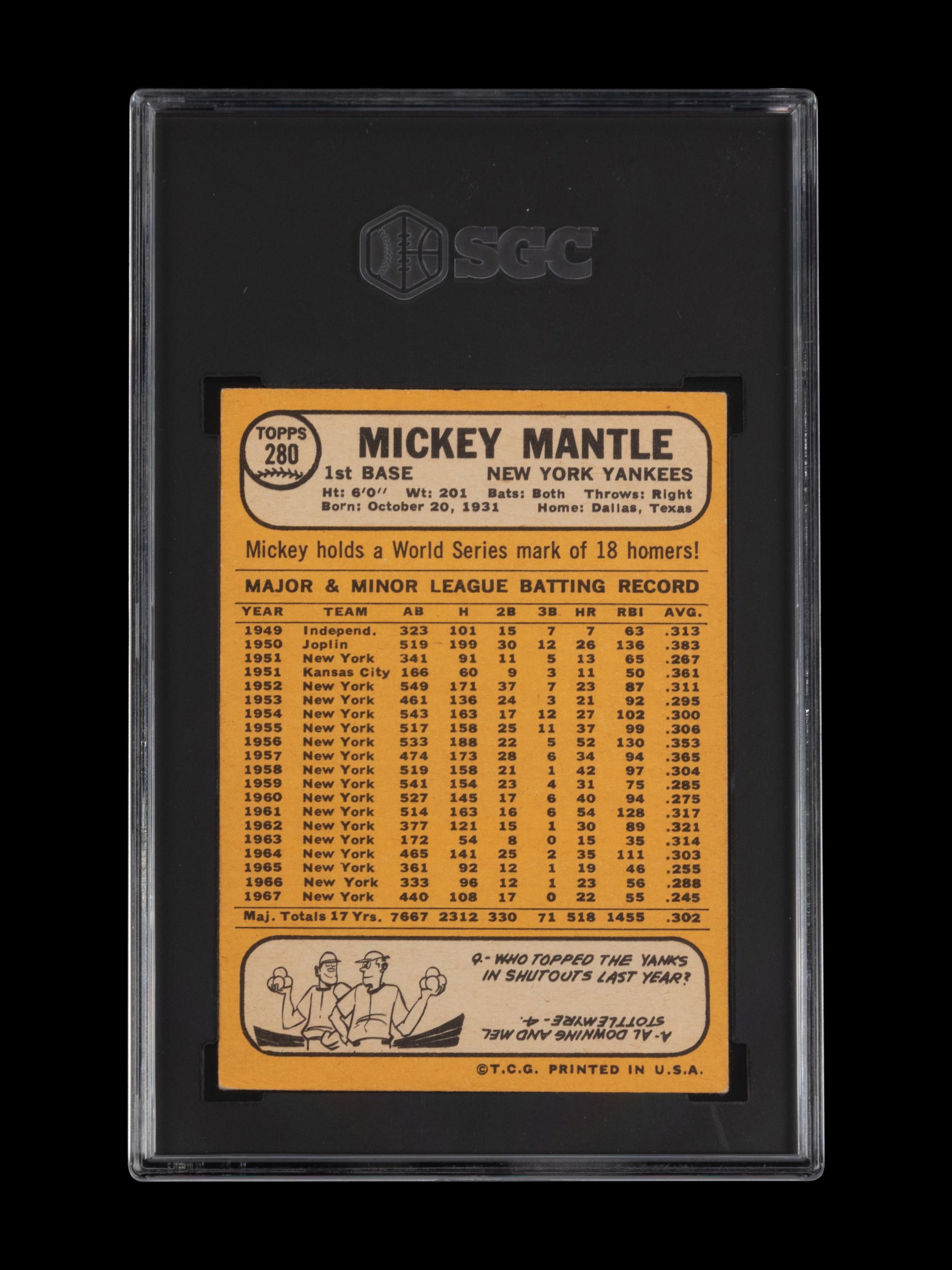 A 1968 Topps Mickey Mantle Baseball Card No. 280 (SGC 4 VG-EX)