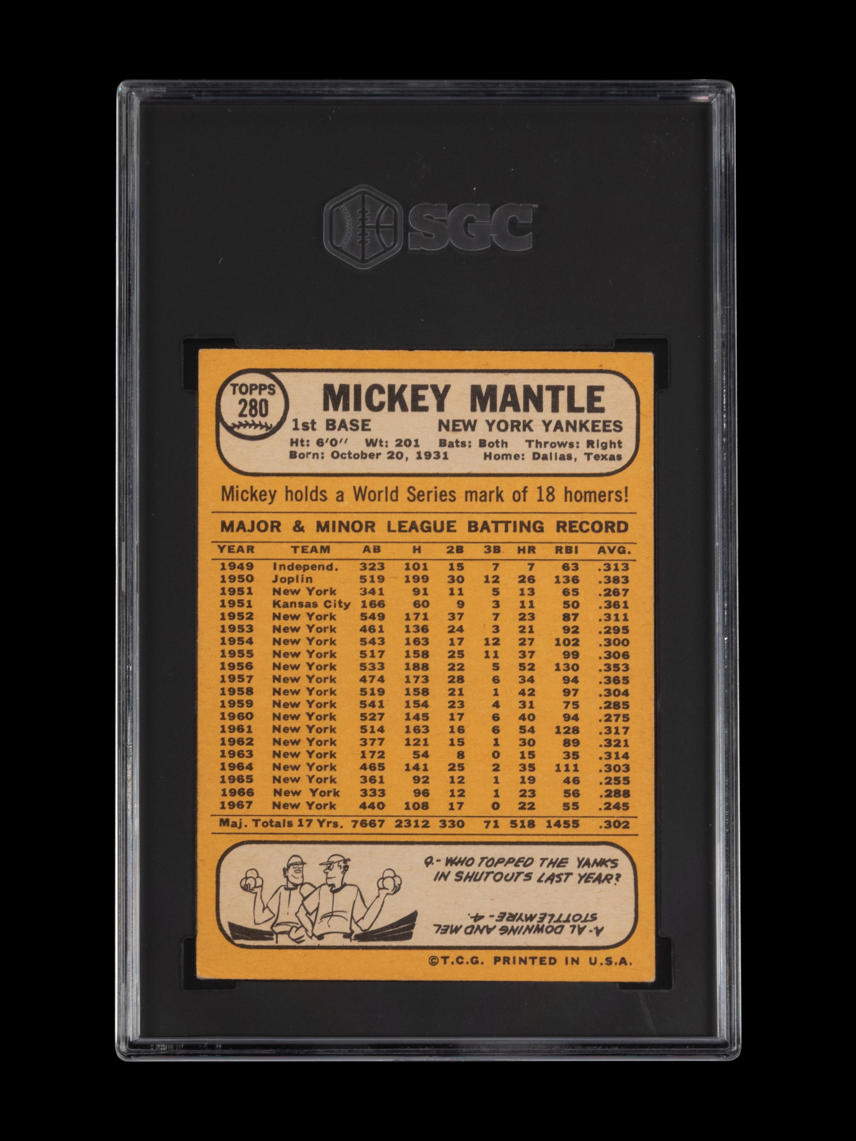A 1968 Topps Mickey Mantle Baseball Card No. 280 (SGC 4 VG-EX)