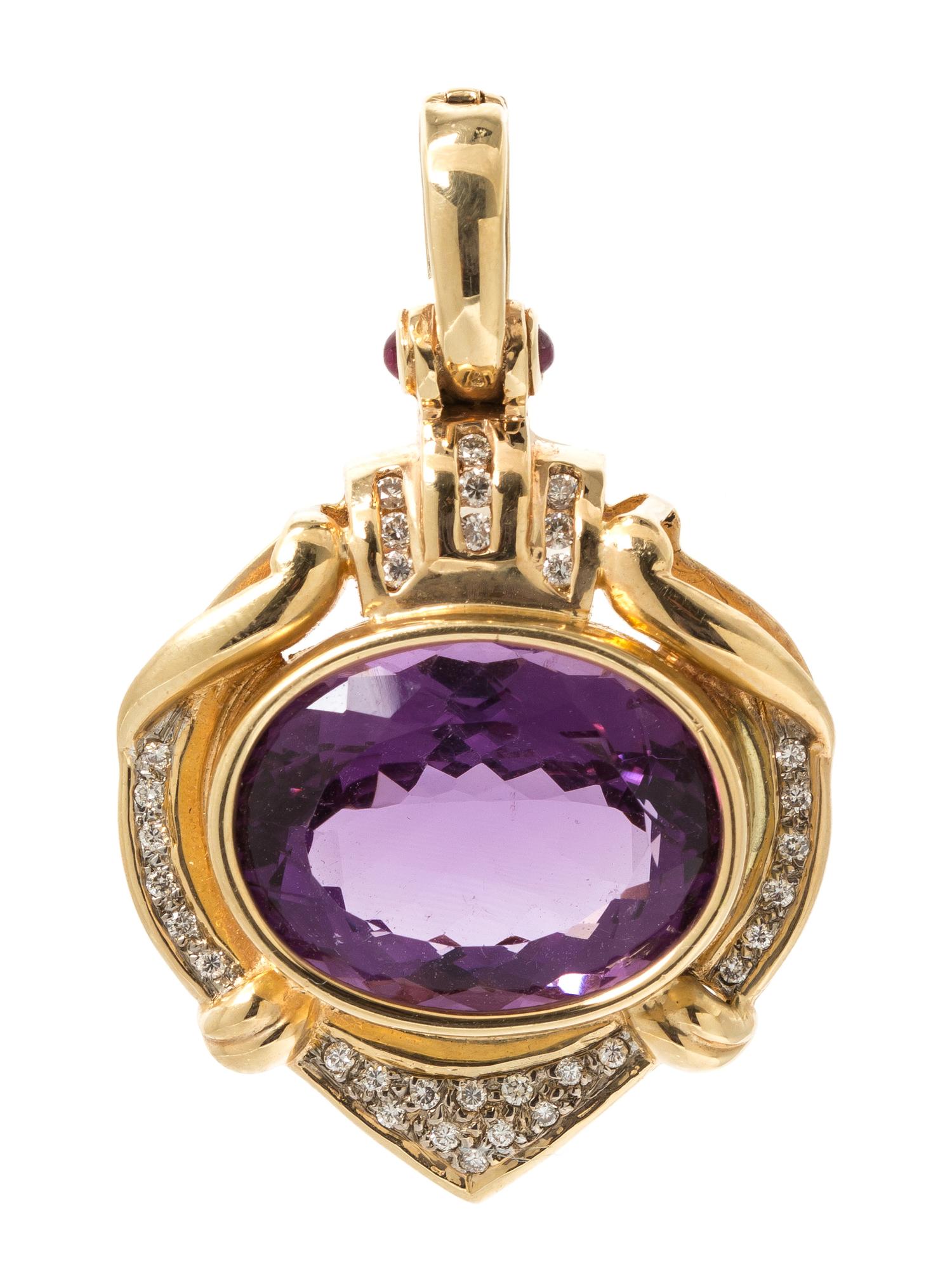 A 14 Karat Yellow Gold Amethyst, Diamond and Ruby Pendant/Enhancer, 11.80 dwts.