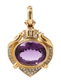 A 14 Karat Yellow Gold Amethyst, Diamond and Ruby Pendant/Enhancer, 11.80 dwts.