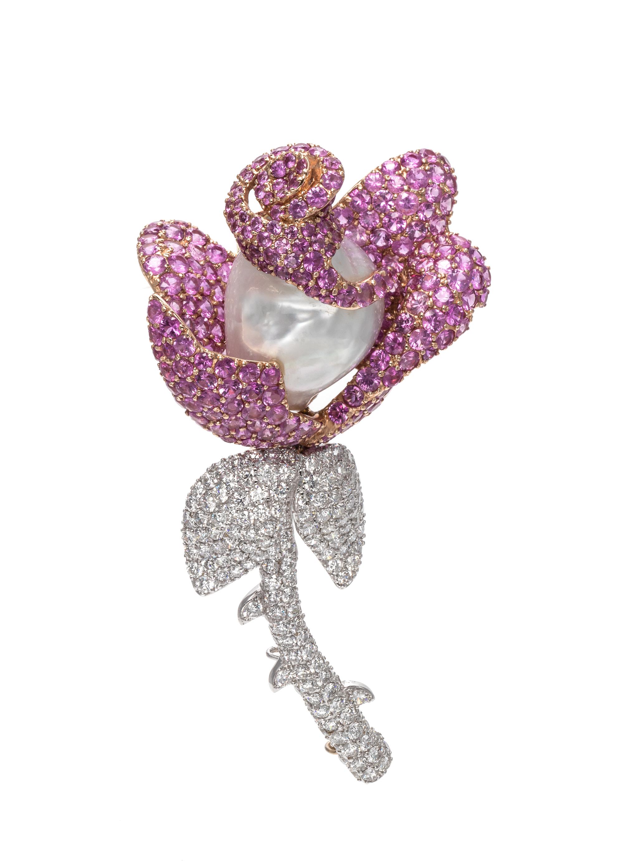 A Bicolor Gold, Diamond, Pink Sapphire and Cultured Baroque Pearl Rose Brooch,
