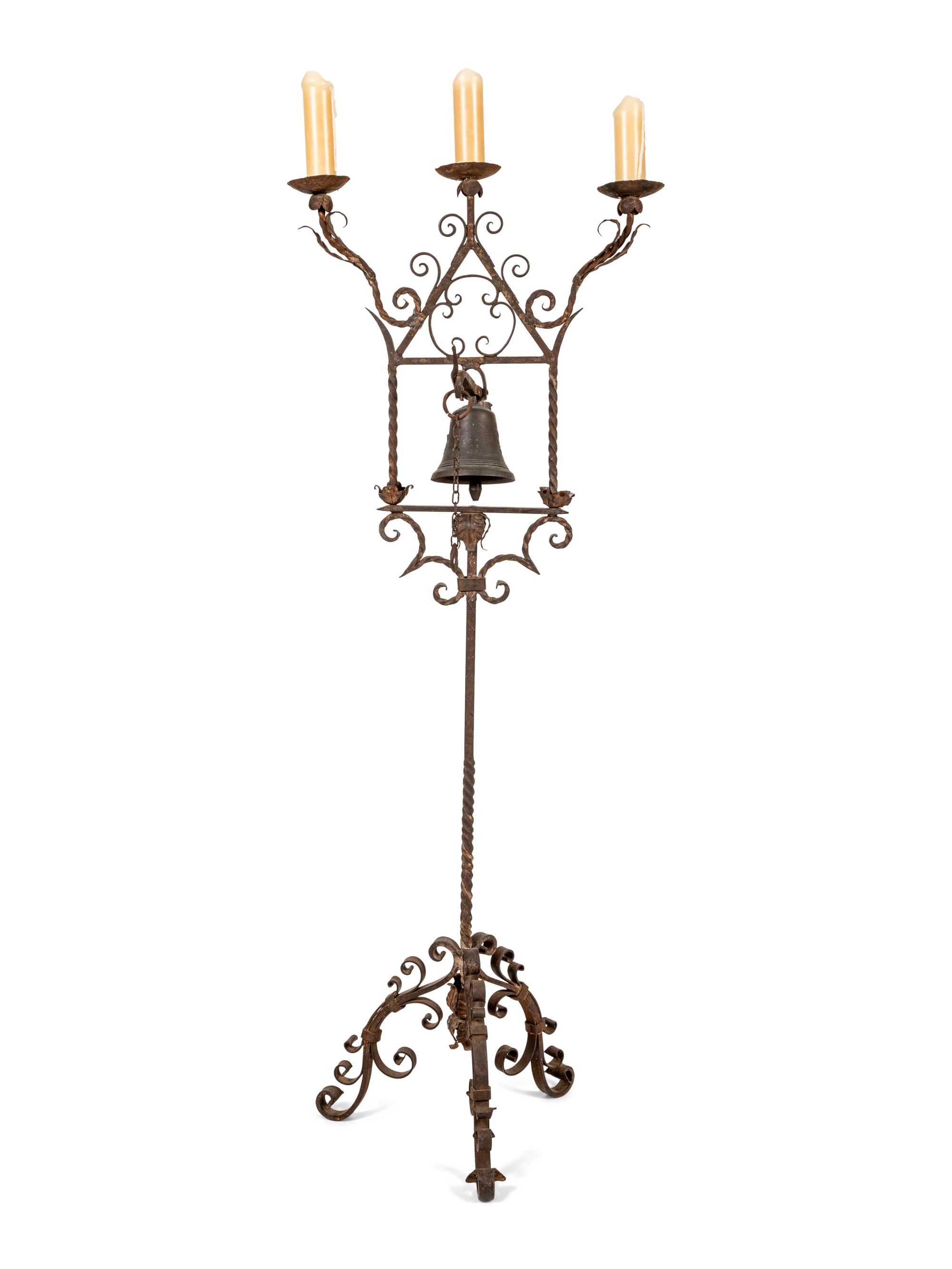 A Spanish Baroque Style Wrought Iron Torchère with Bell