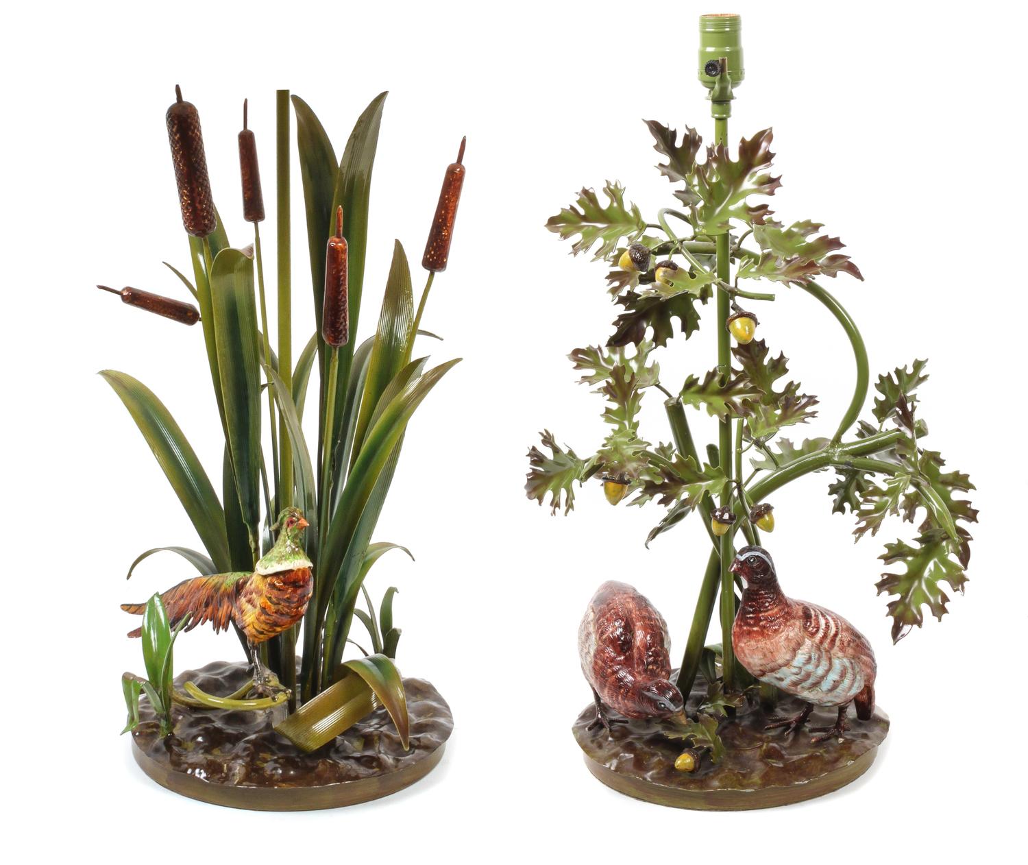 Two Polychrome Metal Table Lamps Height of tallest 35 inches.