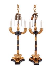 A Pair of Louis Philippe Style Gilt and Patinated Bronze Candelabra Mounted as Lamps