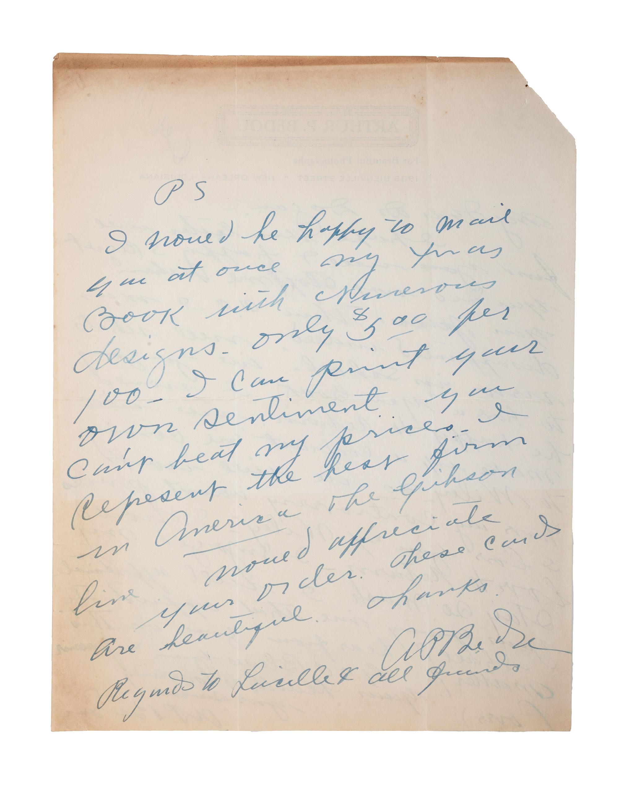 [EARLY PHOTOGRAPHY]. BEDOU, Arthur P. (1882-1966). Autograph letter twice signed ("A.P. Bedou"), Matthew DOGAN (1863-1947), as President of HBCU Wiley College. New Orleans, 15 October 1940.