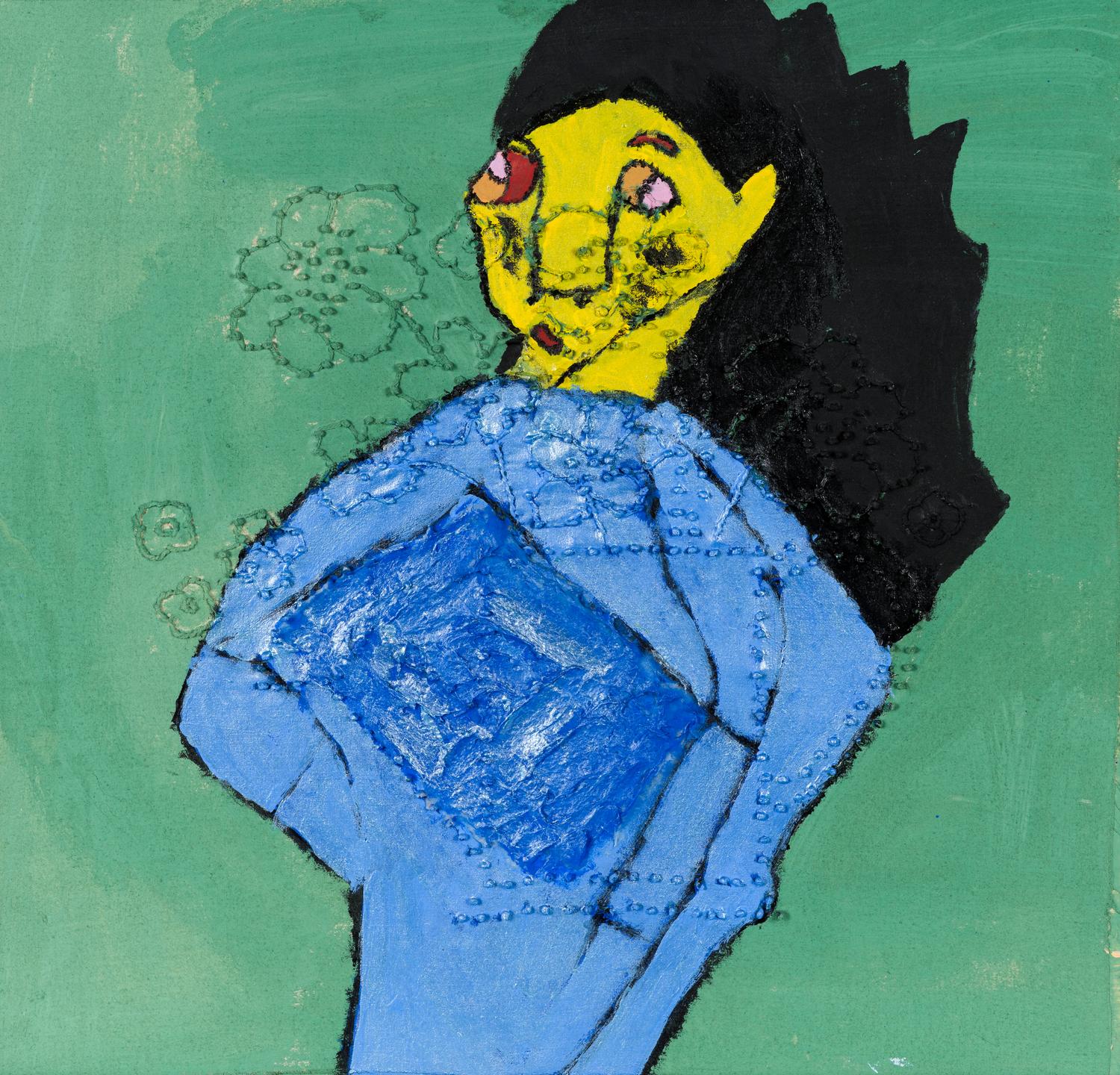 Untitled (Yellow Faced Woman in Blue Dress with Flowers)