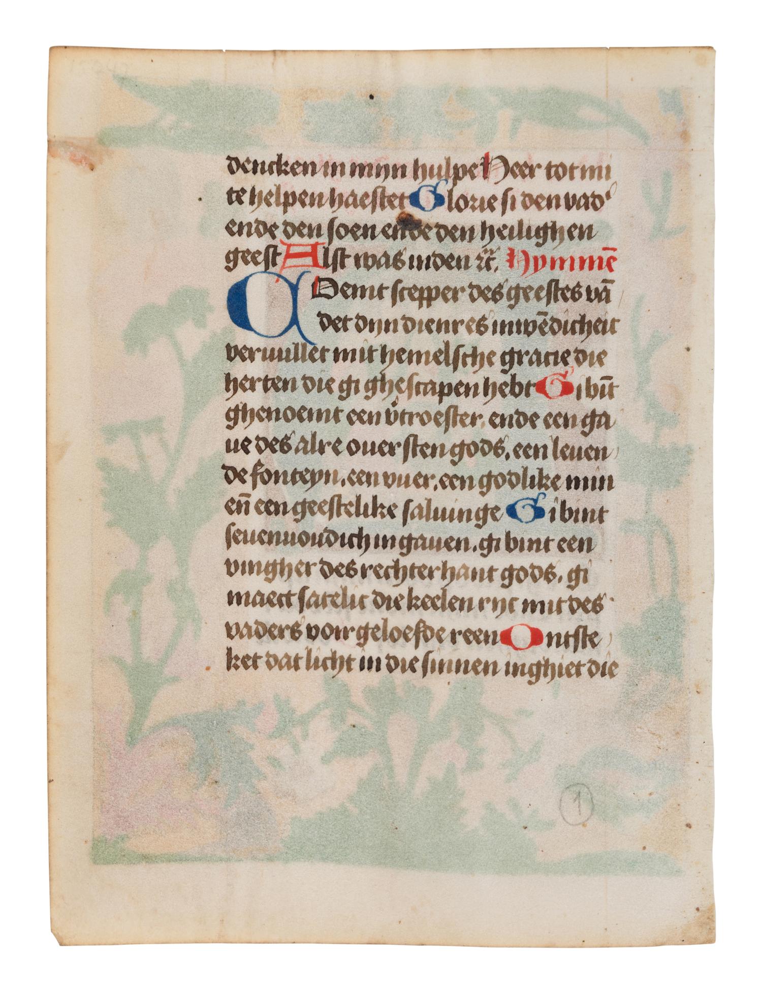 CIRCLE OF THE MASTER OF THE LONDON JASON (active Haarlem, c. 1470-1480) A leaf from a Book of Hours, including a historiated initial ‘H’ of the Pentecost, in Dutch, illuminated manuscript on parchment [Netherlands, South Holland, and Flanders, Bruges, c. 1470-1480]