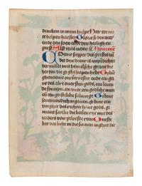 CIRCLE OF THE MASTER OF THE LONDON JASON (active Haarlem, c. 1470-1480) A leaf from a Book of Hours, including a historiated initial ‘H’ of the Pentecost, in Dutch, illuminated manuscript on parchment [Netherlands, South Holland, and Flanders, Bruges, c. 1470-1480]