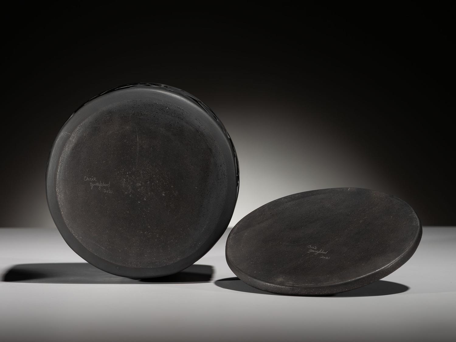 Carved Blackware Pottery Container, with Lid