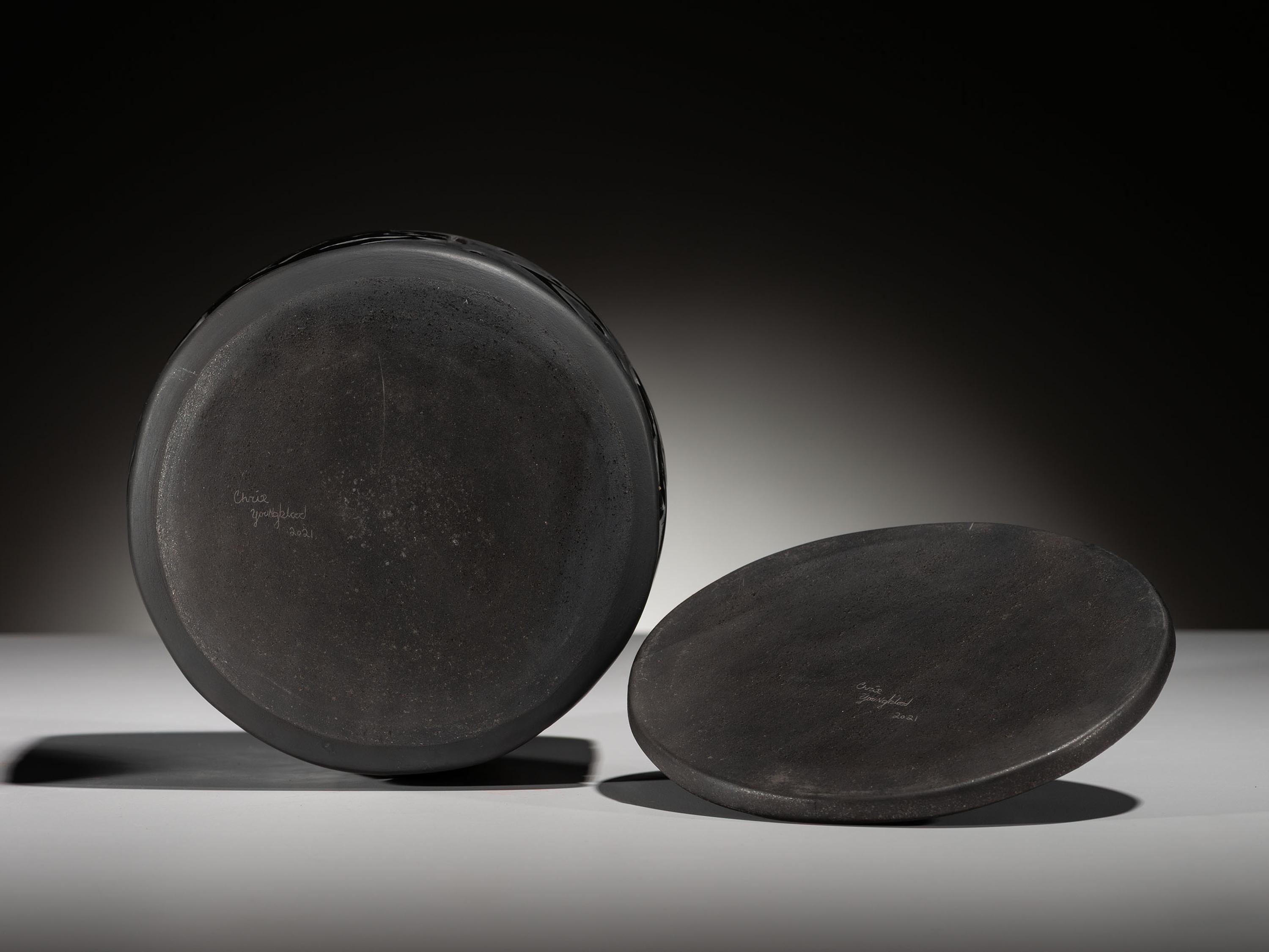 Carved Blackware Pottery Container, with Lid