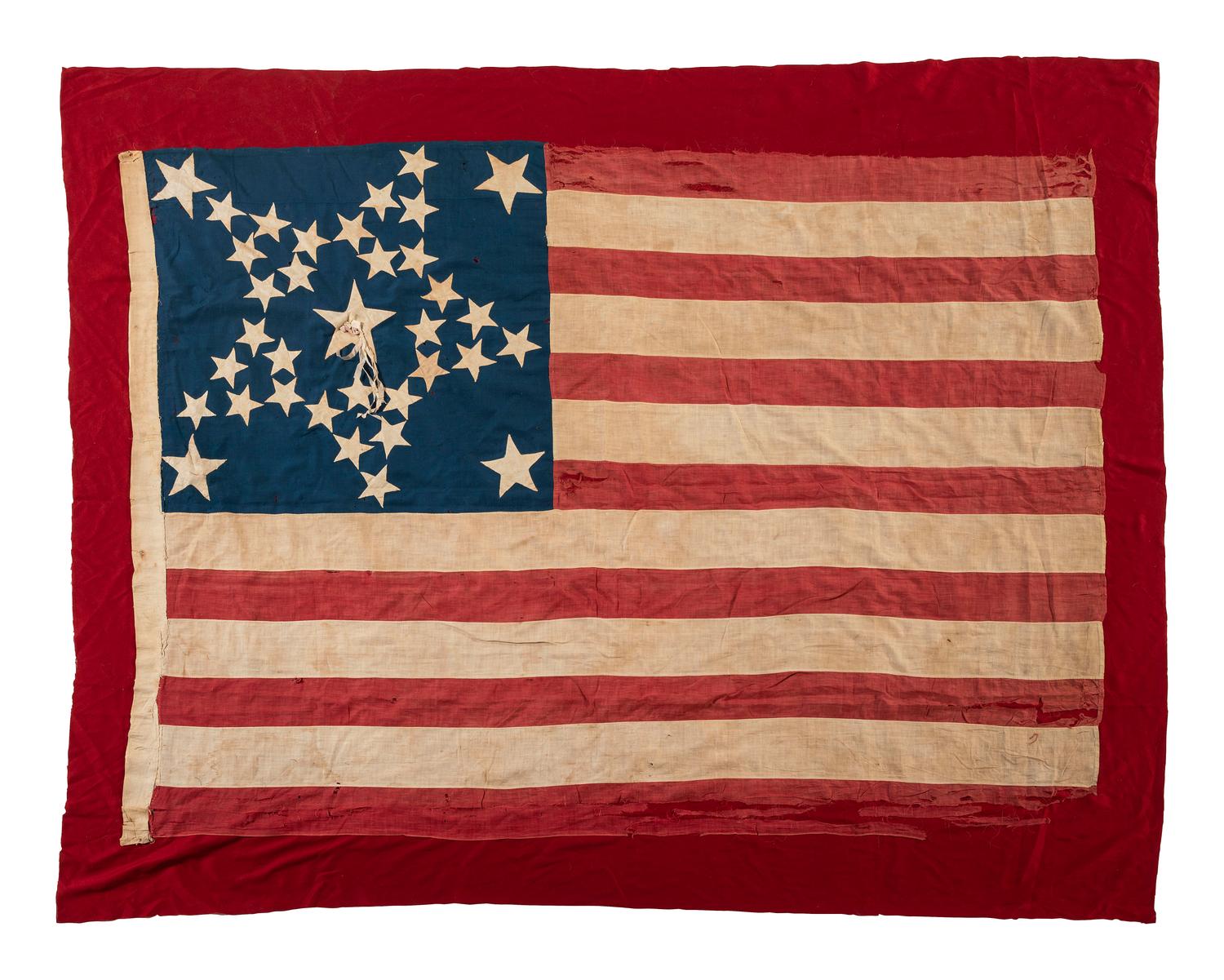[FLAGS] -- [CIVIL WAR]. 35-star "Great Star" pattern flag identified as the Colors of Company A, 61st Pennsylvania Regiment, previously owned by the family of Lieutenant John Pollock, DOW following the Battle of Fair Oaks, Virginia.