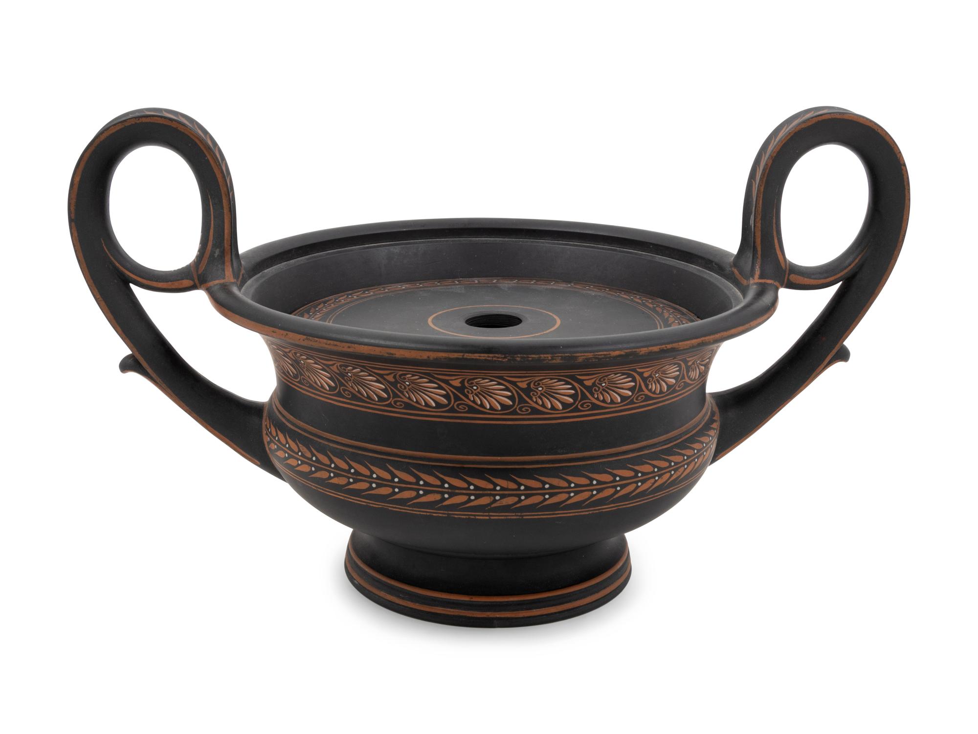 A Wedgwood Encaustic Decorated Black Basalt Krater and Pierced Cover