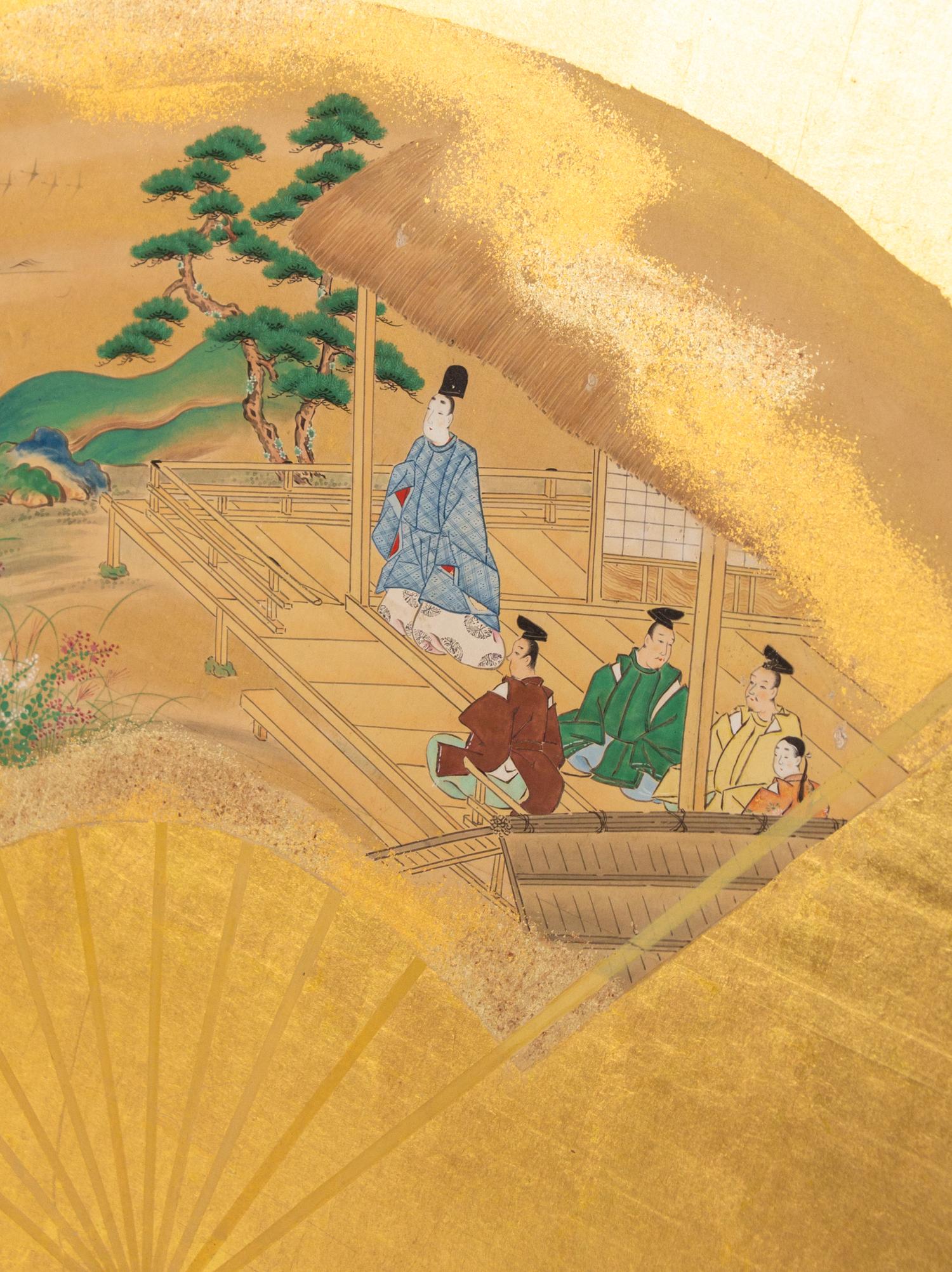 A Japanese Painted Paper Six-Panel Screen with a Gold Ground
