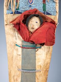 Nez Perce Beaded Hide Pictorial Toy Cradle, with Doll