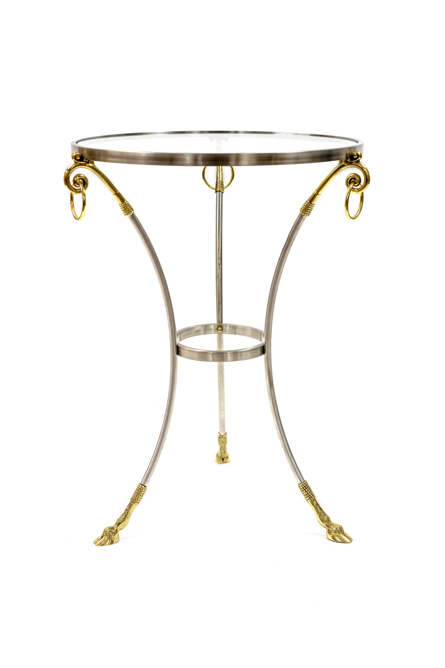 A Louis XVI Style Brushed Steel and Brass Glass Top Table — 20TH CENTURY
