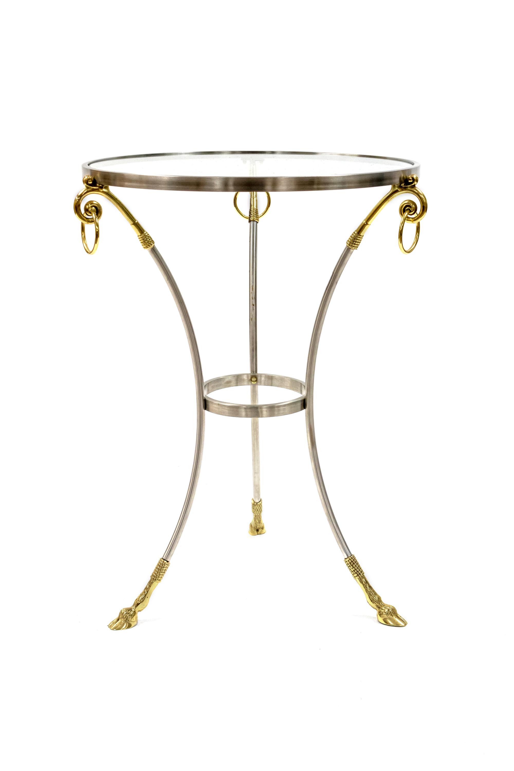 A Louis XVI Style Brushed Steel and Brass Glass Top Table — 20TH CENTURY