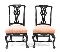 A Pair of Chippendale Style Ebonized and Parcel Gilt Side Chairs, Height 36 7/8 inches.