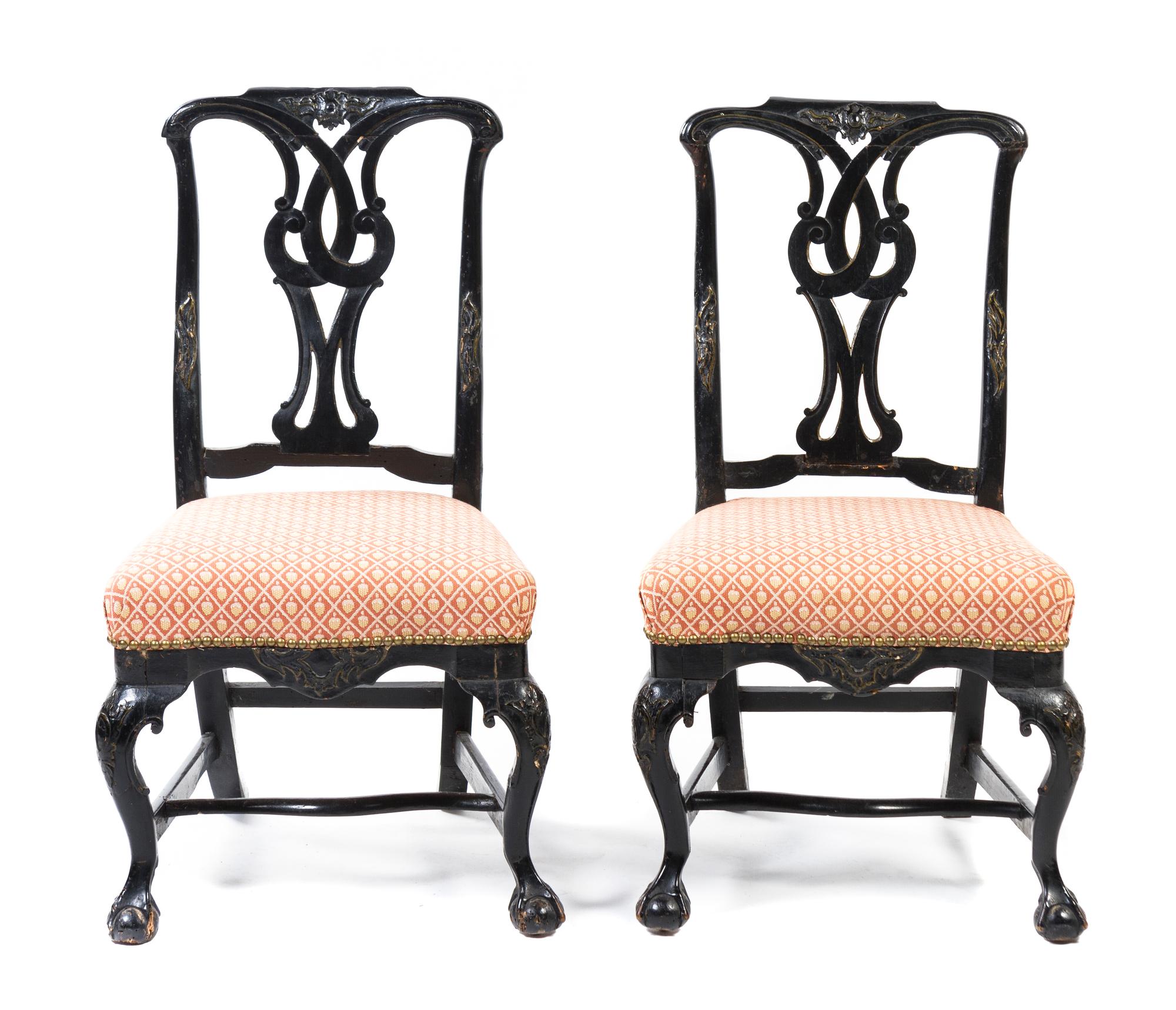 A Pair of Chippendale Style Ebonized and Parcel Gilt Side Chairs, Height 36 7/8 inches.
