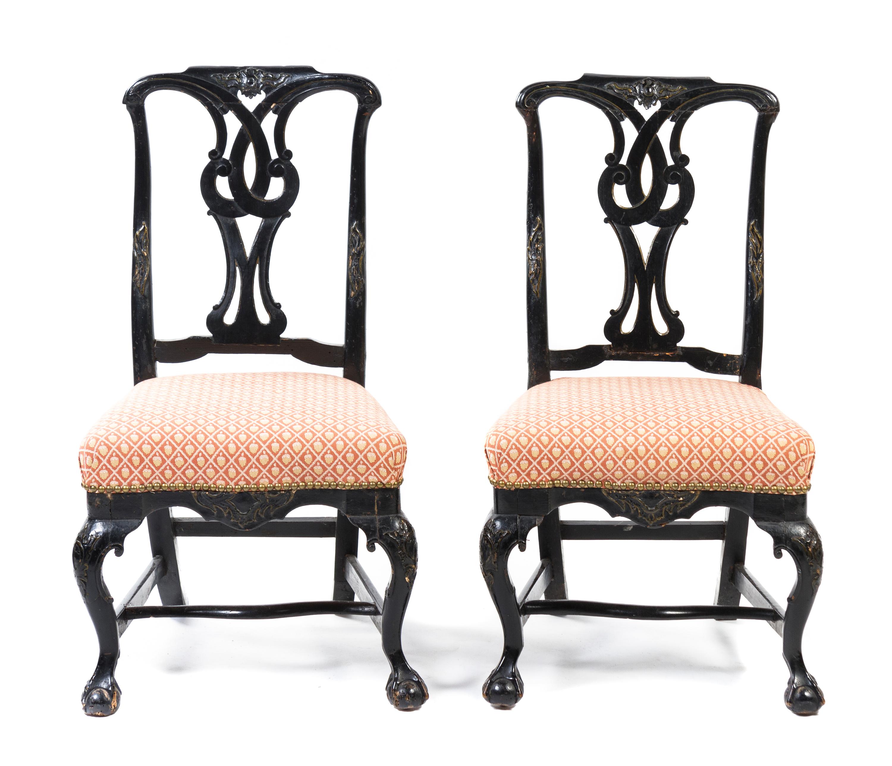 A Pair of Chippendale Style Ebonized and Parcel Gilt Side Chairs, Height 36 7/8 inches.