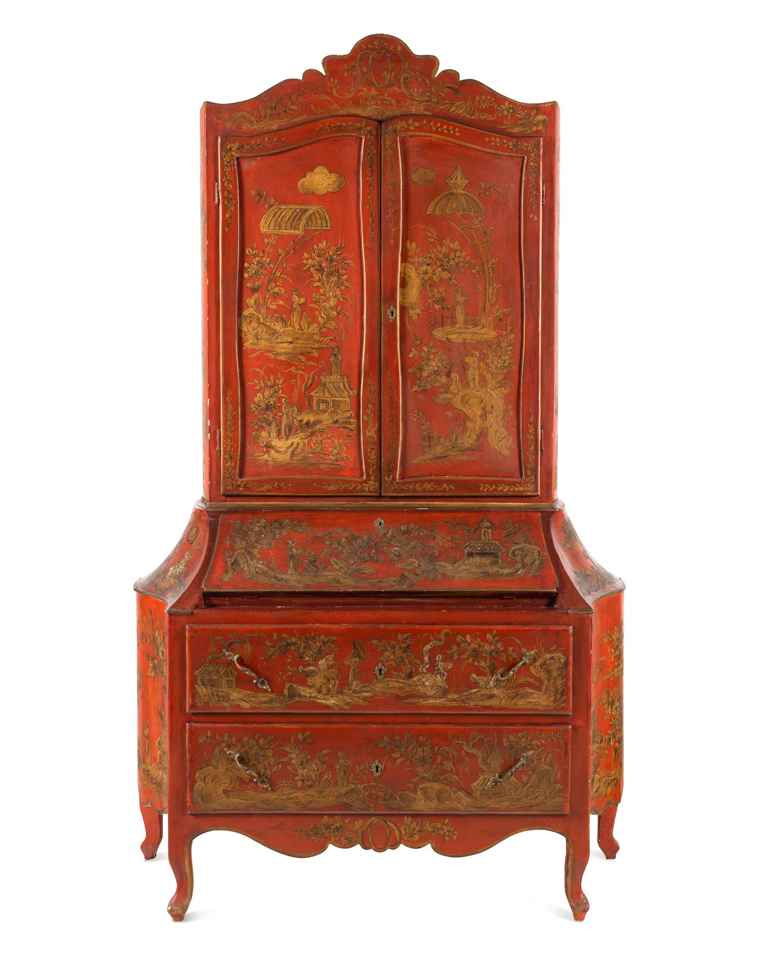 An Italian Red and Gilt-Japanned Bureau Cabinet