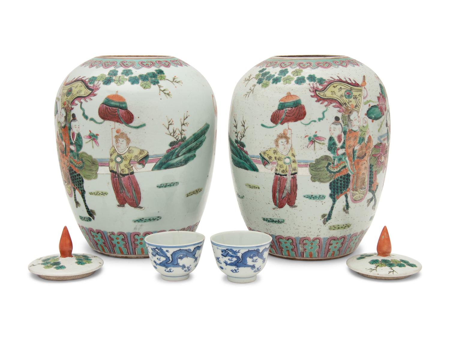A Pair of Chinese Famille Rose Porcelain Covered Jars and A Pair of Blue and White Porcelain Bowls